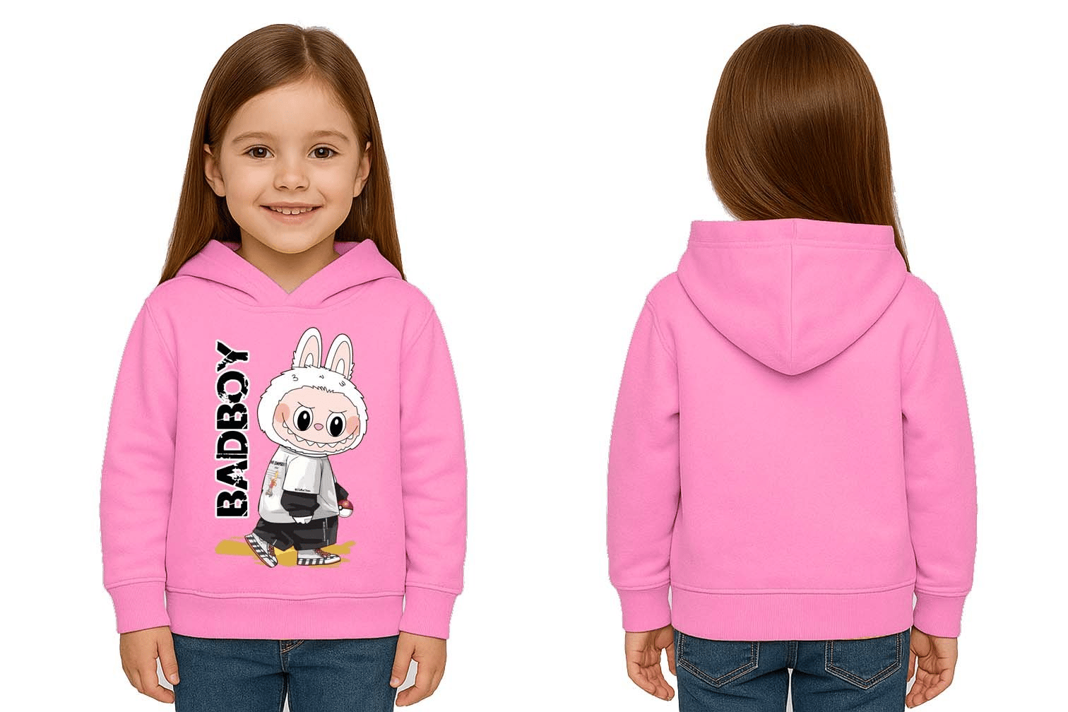 Unisex Baskılı Çocuk Swaetshirt Labubu Baskılı Kapüşonlu 3 İplik Şardonlu
