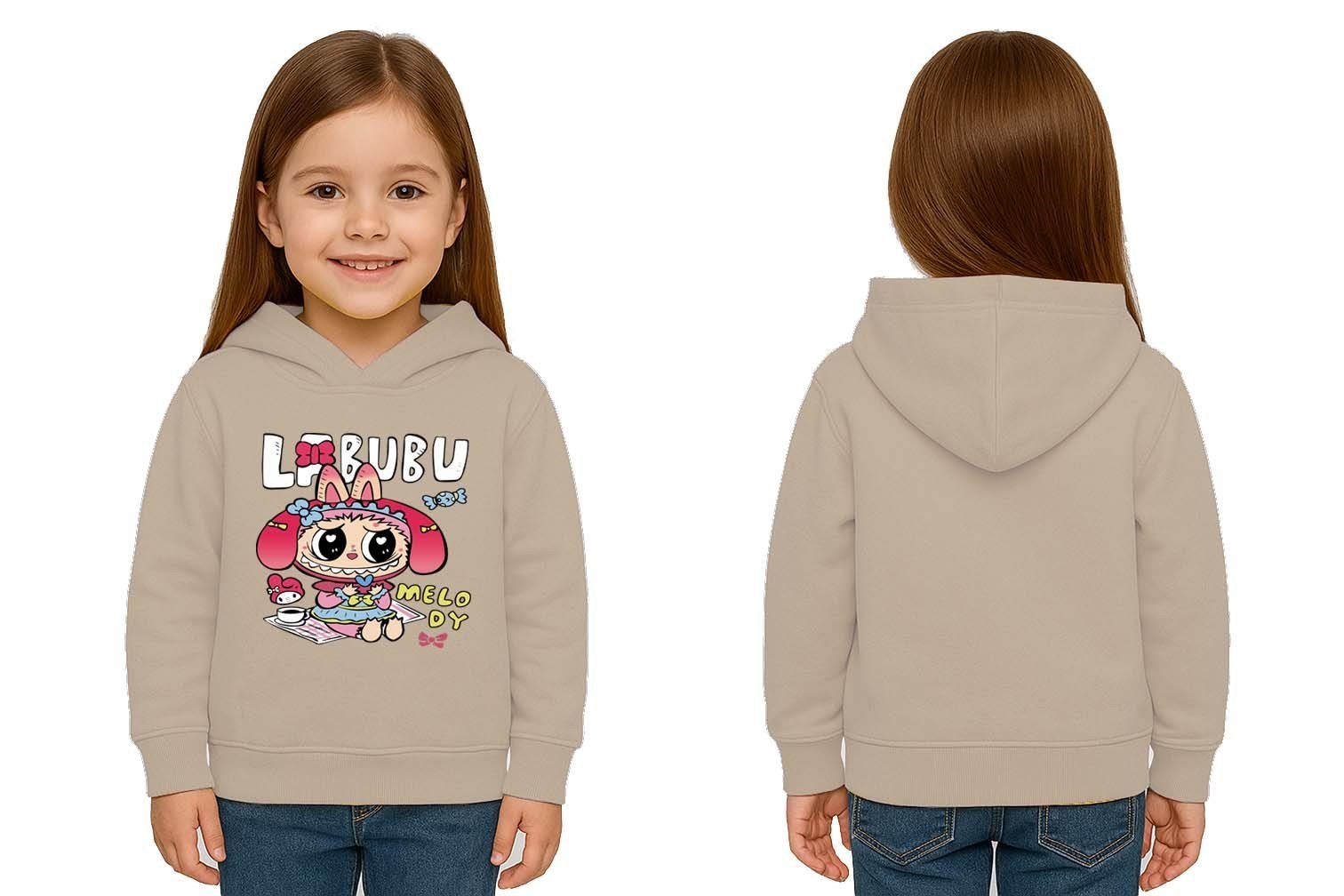 Unisex Baskılı Çocuk Swaetshirt Labubu Baskılı Kapüşonlu 3 İplik Şardonlu
