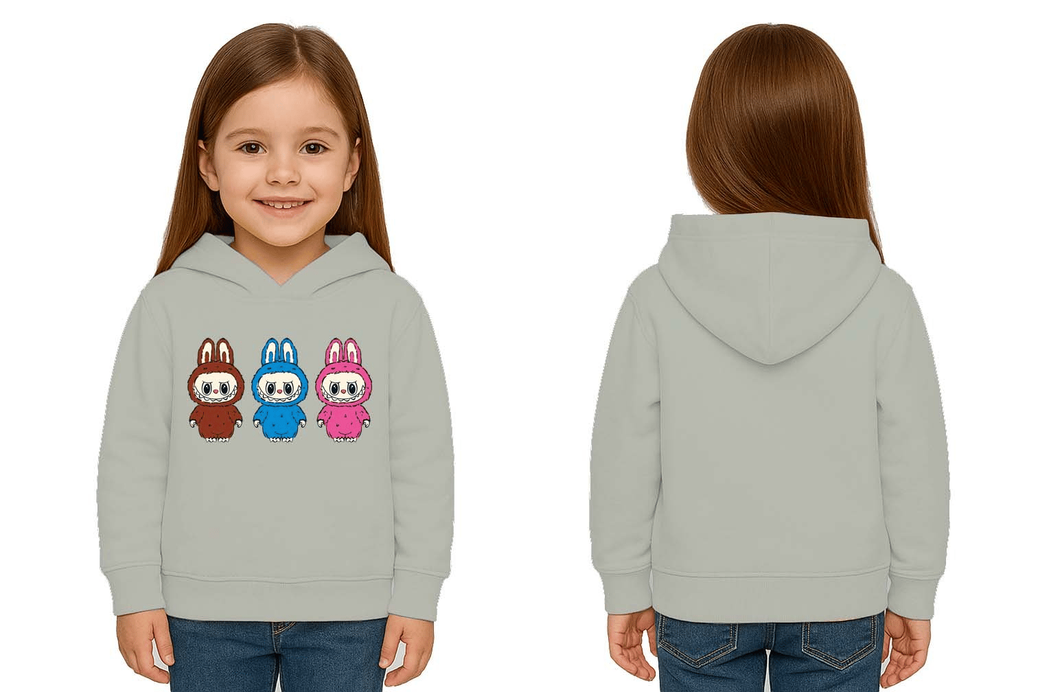 Unisex Baskılı Çocuk Swaetshirt Labubu Baskılı Kapüşonlu 3 İplik Şardonlu