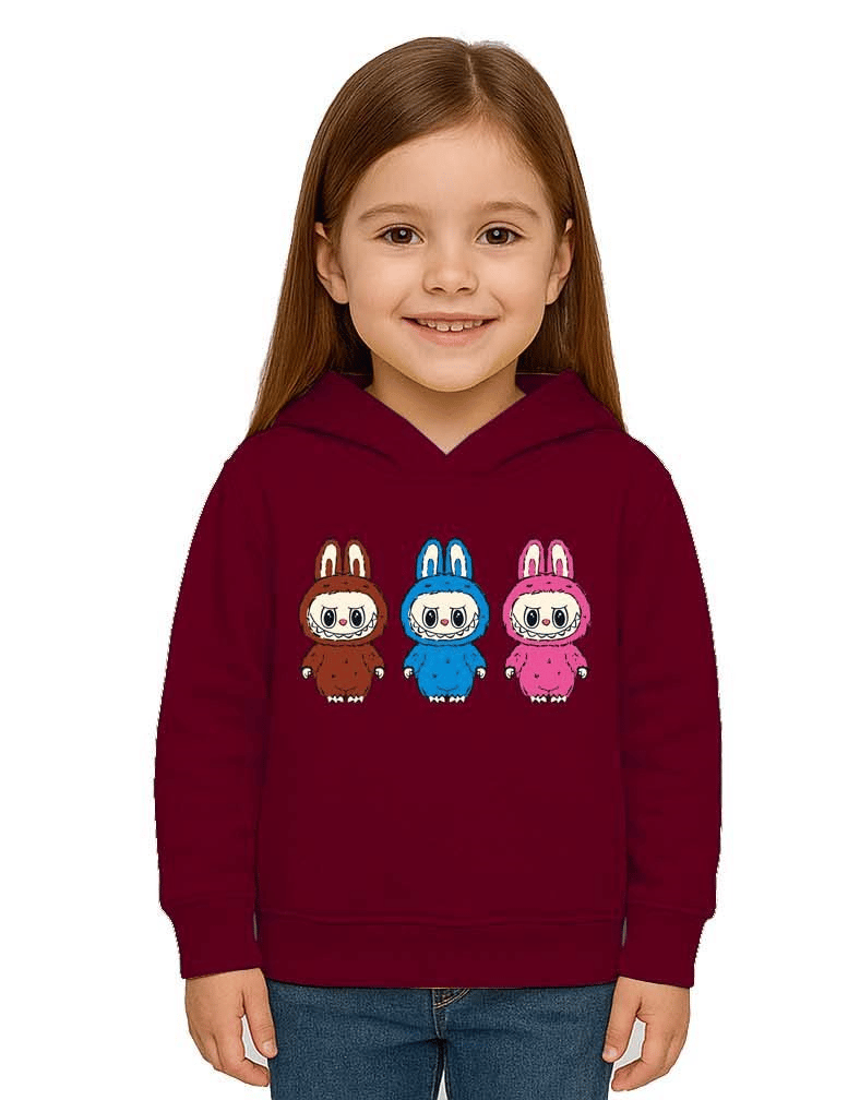 Unisex Baskılı Çocuk Swaetshirt Labubu Baskılı Kapüşonlu 3 İplik Şardonlu
