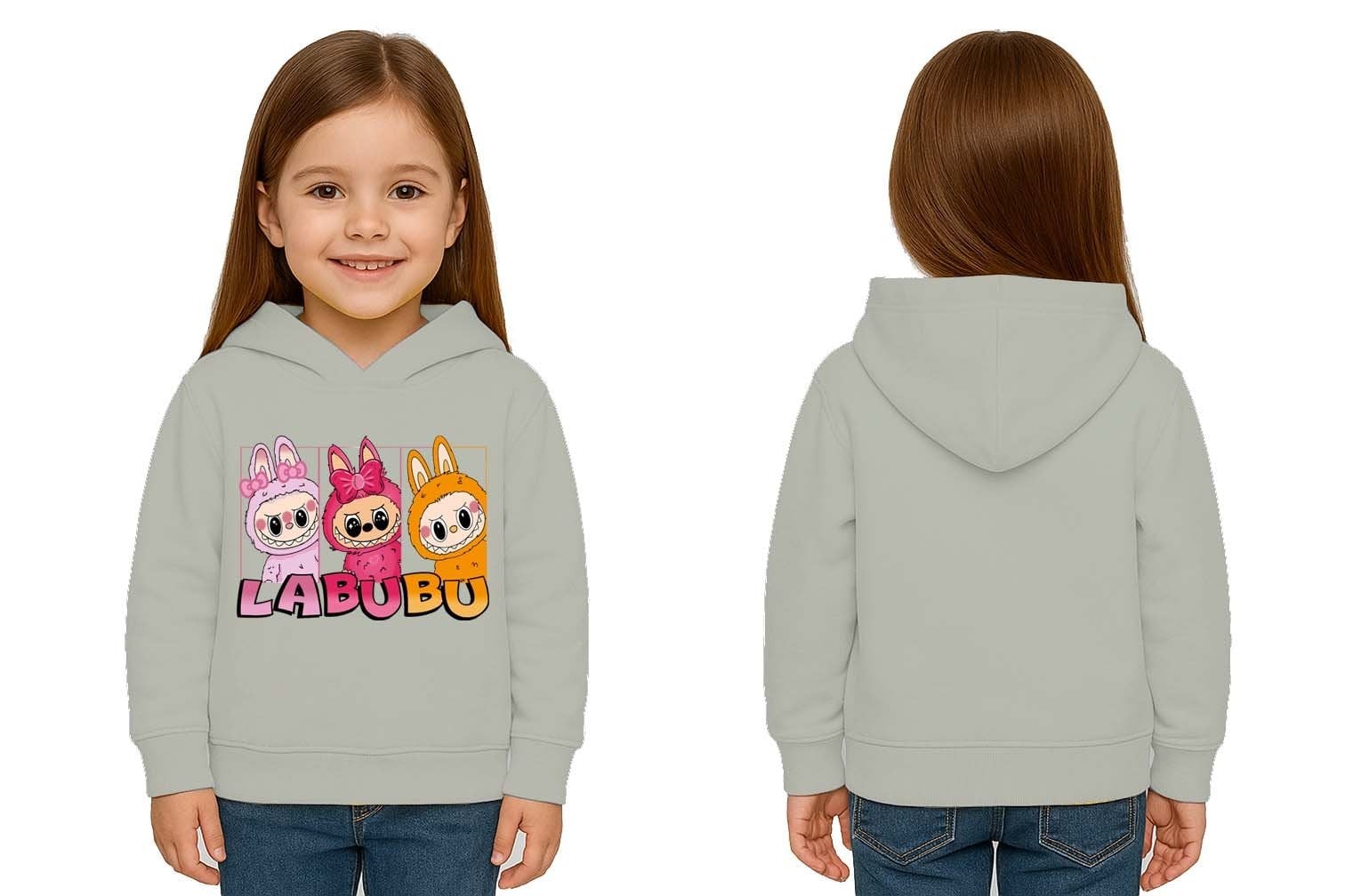 Unisex Baskılı Çocuk Swaetshirt Labubu Baskılı Kapüşonlu 3 İplik Şardonlu