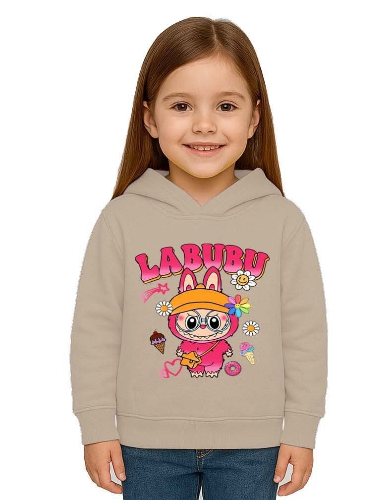 Unisex Baskılı Çocuk Swaetshirt Labubu Baskılı Kapüşonlu 3 İplik Şardonlu