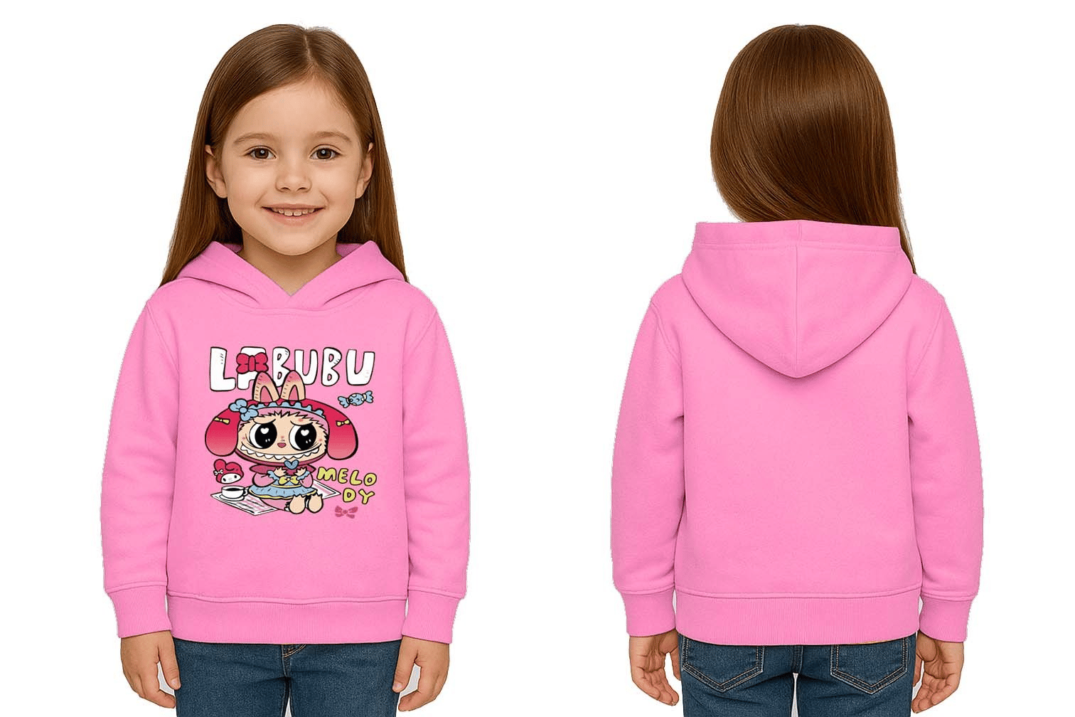 Unisex Baskılı Çocuk Swaetshirt Labubu Baskılı Kapüşonlu 3 İplik Şardonlu