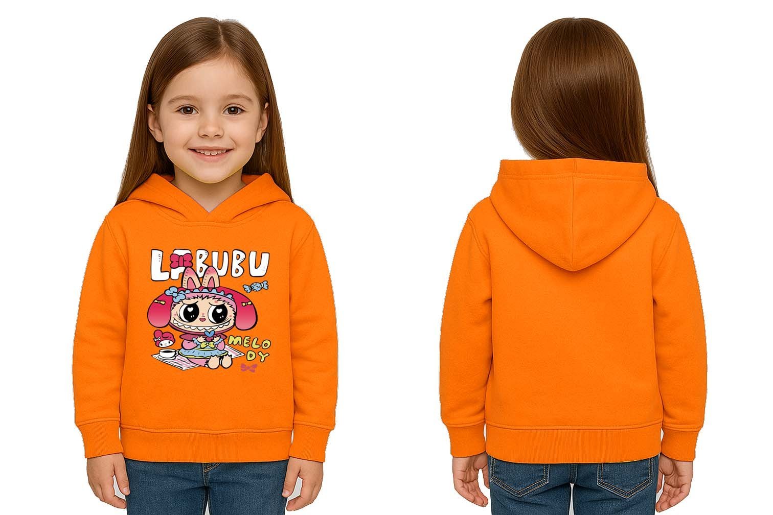 Unisex Baskılı Çocuk Swaetshirt Labubu Baskılı Kapüşonlu 3 İplik Şardonlu