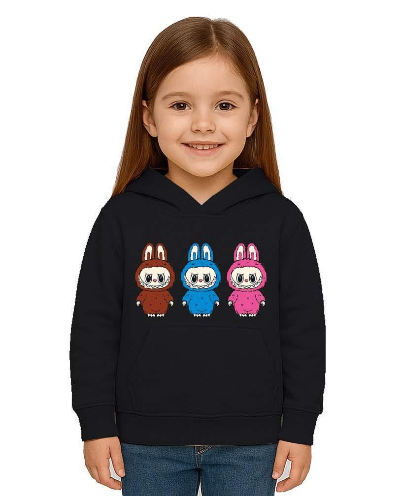 Unisex Baskılı Çocuk Swaetshirt Labubu Baskılı Kapüşonlu 3 İplik Şardonlu