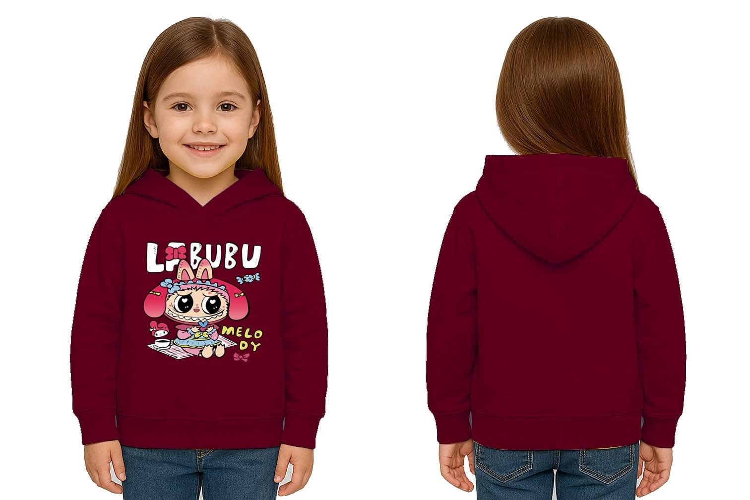 Unisex Baskılı Çocuk Swaetshirt Labubu Baskılı Kapüşonlu 3 İplik Şardonlu