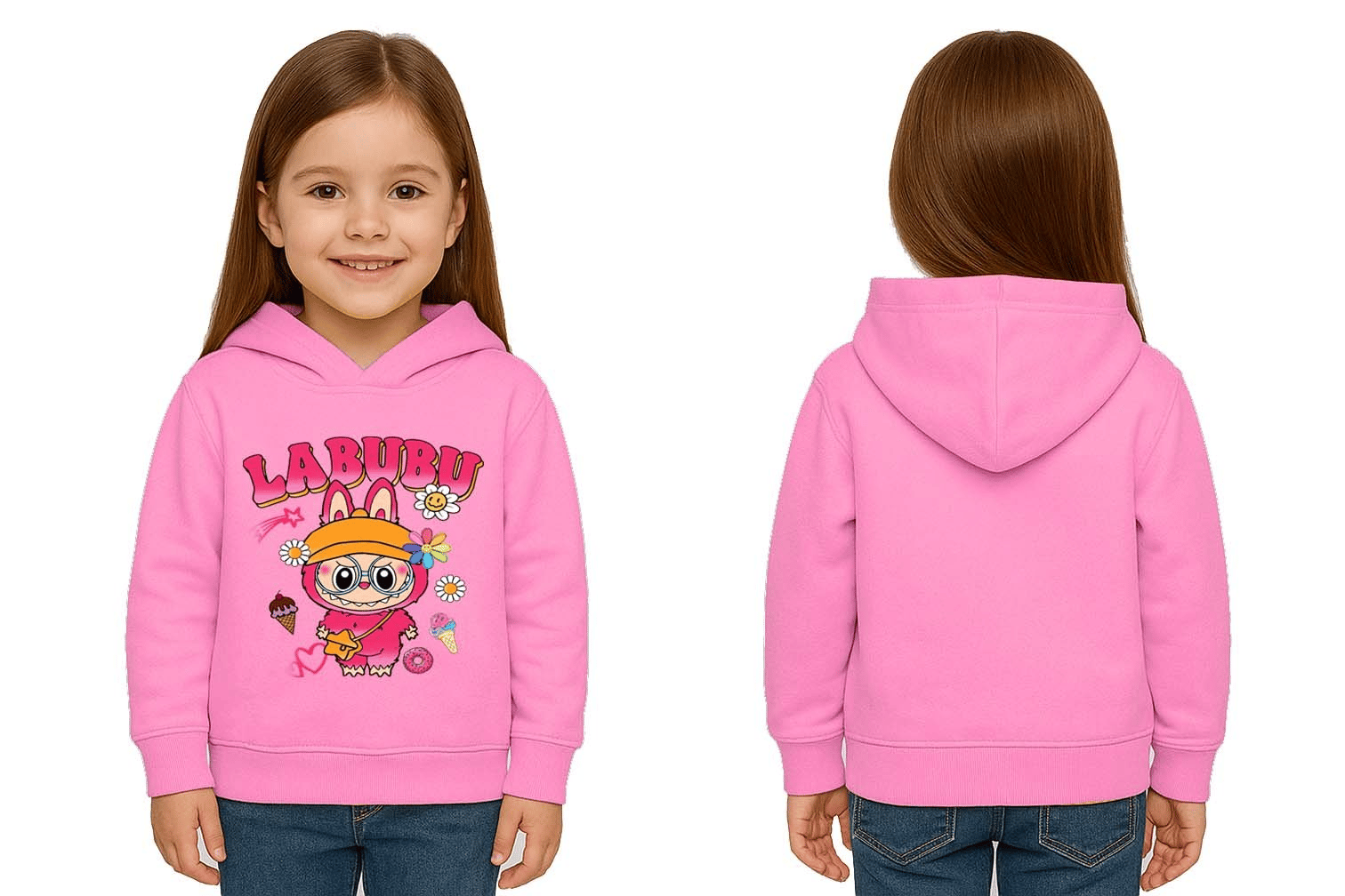 Unisex Baskılı Çocuk Swaetshirt Labubu Baskılı Kapüşonlu 3 İplik Şardonlu