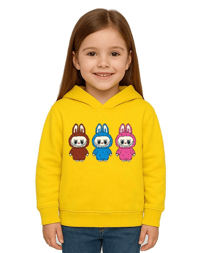 Unisex Baskılı Çocuk Swaetshirt Labubu Baskılı Kapüşonlu 3 İplik Şardonlu