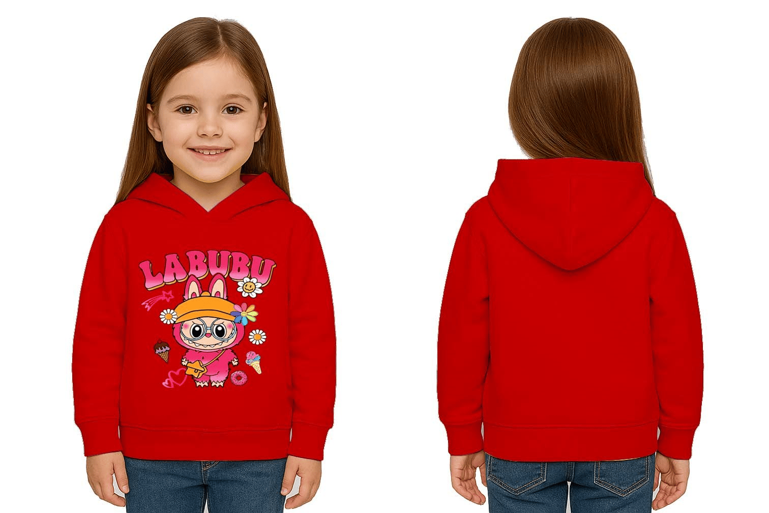 Unisex Baskılı Çocuk Swaetshirt Labubu Baskılı Kapüşonlu 3 İplik Şardonlu