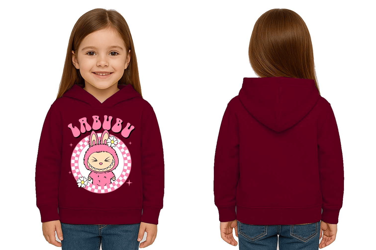 Unisex Baskılı Çocuk Swaetshirt Labubu Baskılı Kapüşonlu 3 İplik Şardonlu