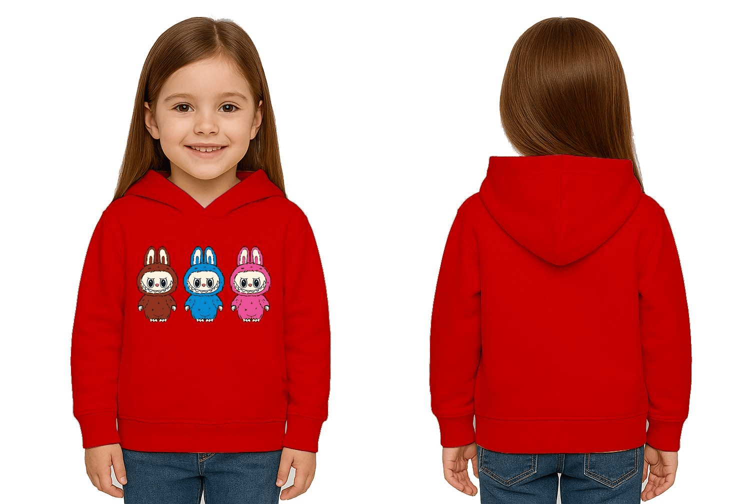 Unisex Baskılı Çocuk Swaetshirt Labubu Baskılı Kapüşonlu 3 İplik Şardonlu