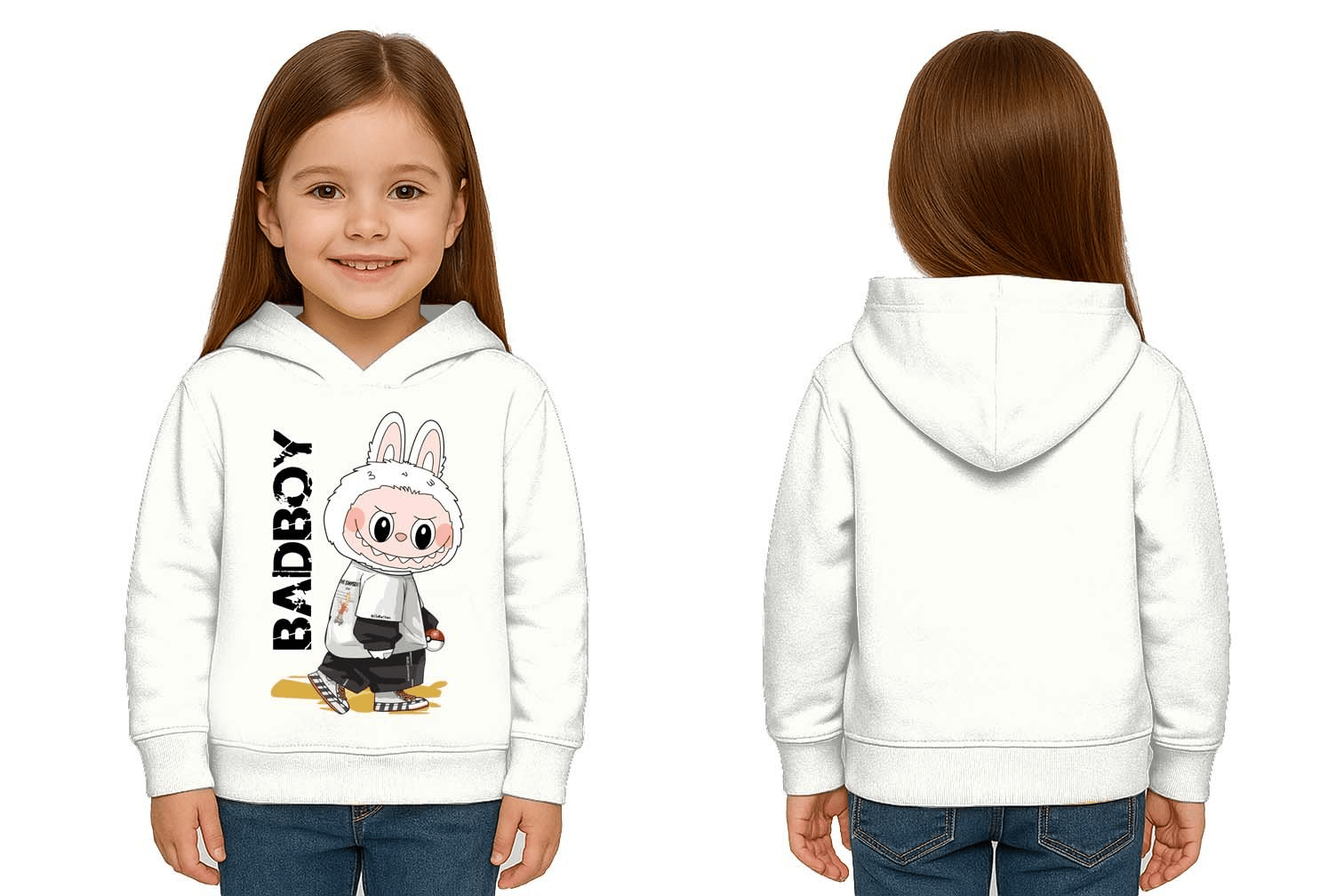 Unisex Baskılı Çocuk Swaetshirt Labubu Baskılı Kapüşonlu 3 İplik Şardonlu