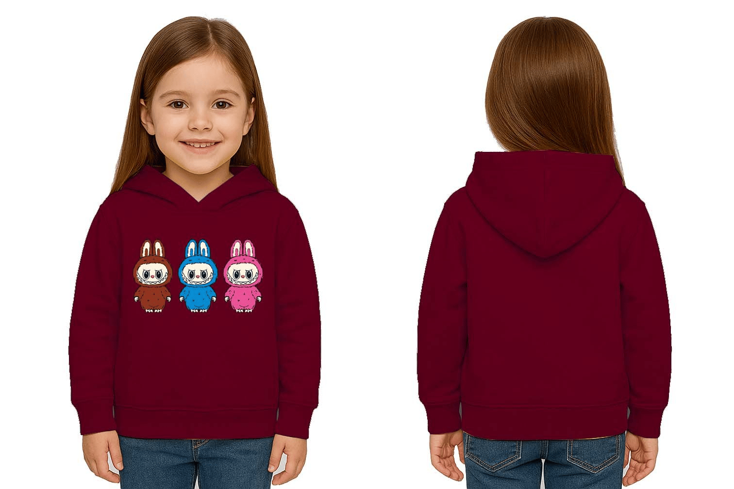 Unisex Baskılı Çocuk Swaetshirt Labubu Baskılı Kapüşonlu 3 İplik Şardonlu