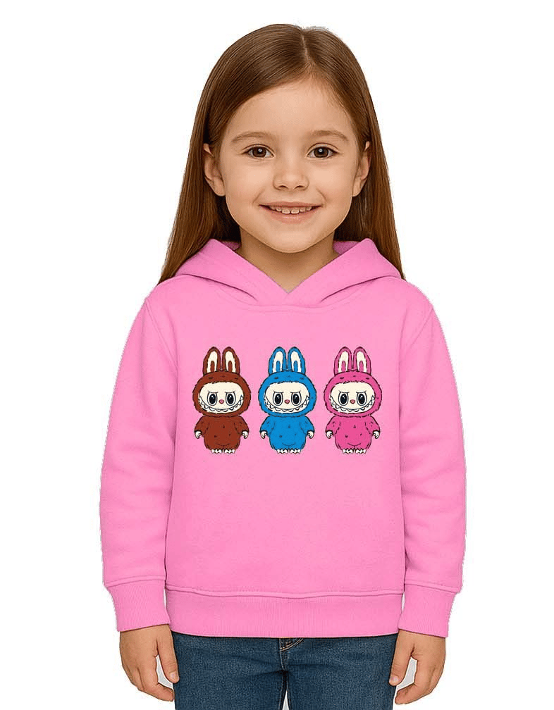 Unisex Baskılı Çocuk Swaetshirt Labubu Baskılı Kapüşonlu 3 İplik Şardonlu