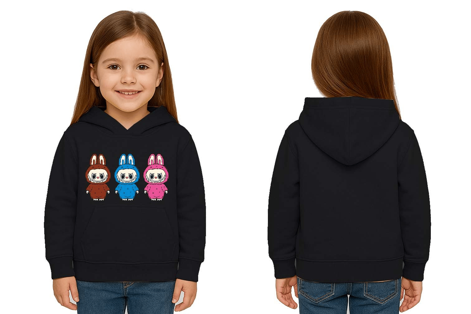 Unisex Baskılı Çocuk Swaetshirt Labubu Baskılı Kapüşonlu 3 İplik Şardonlu