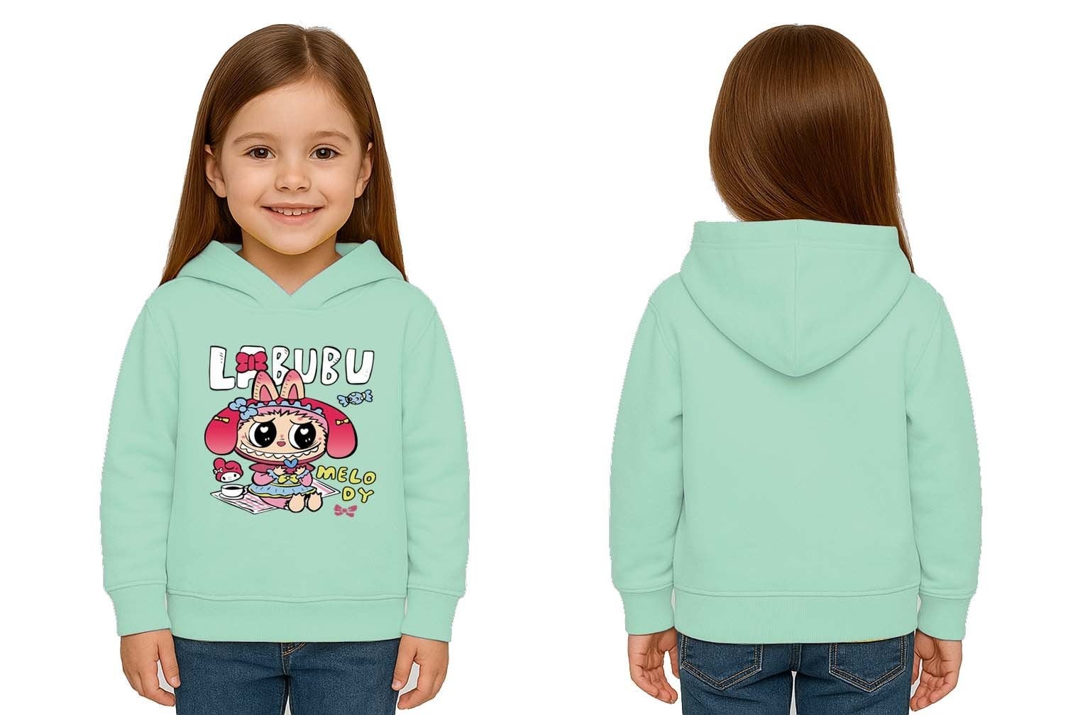 Unisex Baskılı Çocuk Swaetshirt Labubu Baskılı Kapüşonlu 3 İplik Şardonlu