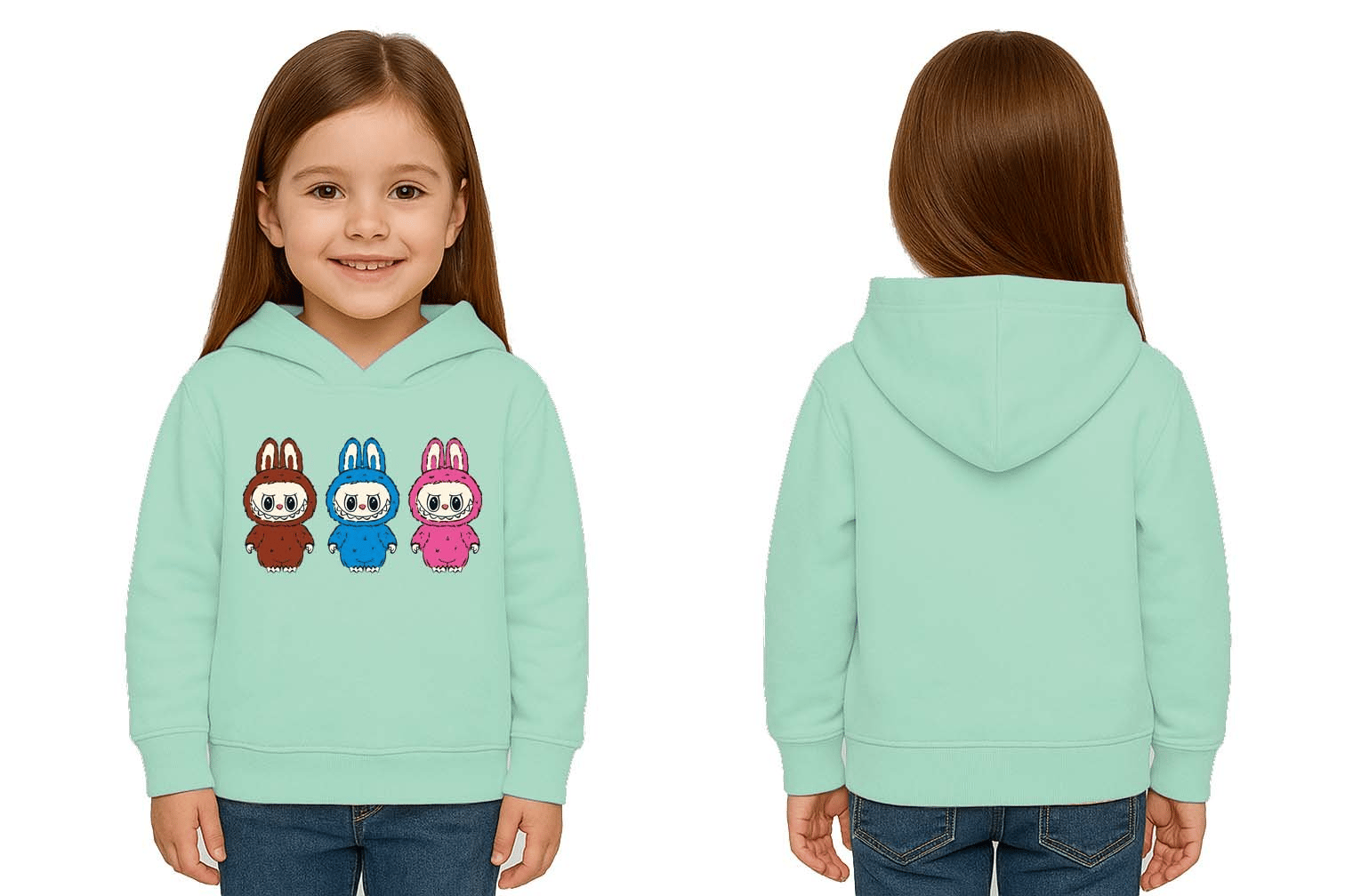 Unisex Baskılı Çocuk Swaetshirt Labubu Baskılı Kapüşonlu 3 İplik Şardonlu