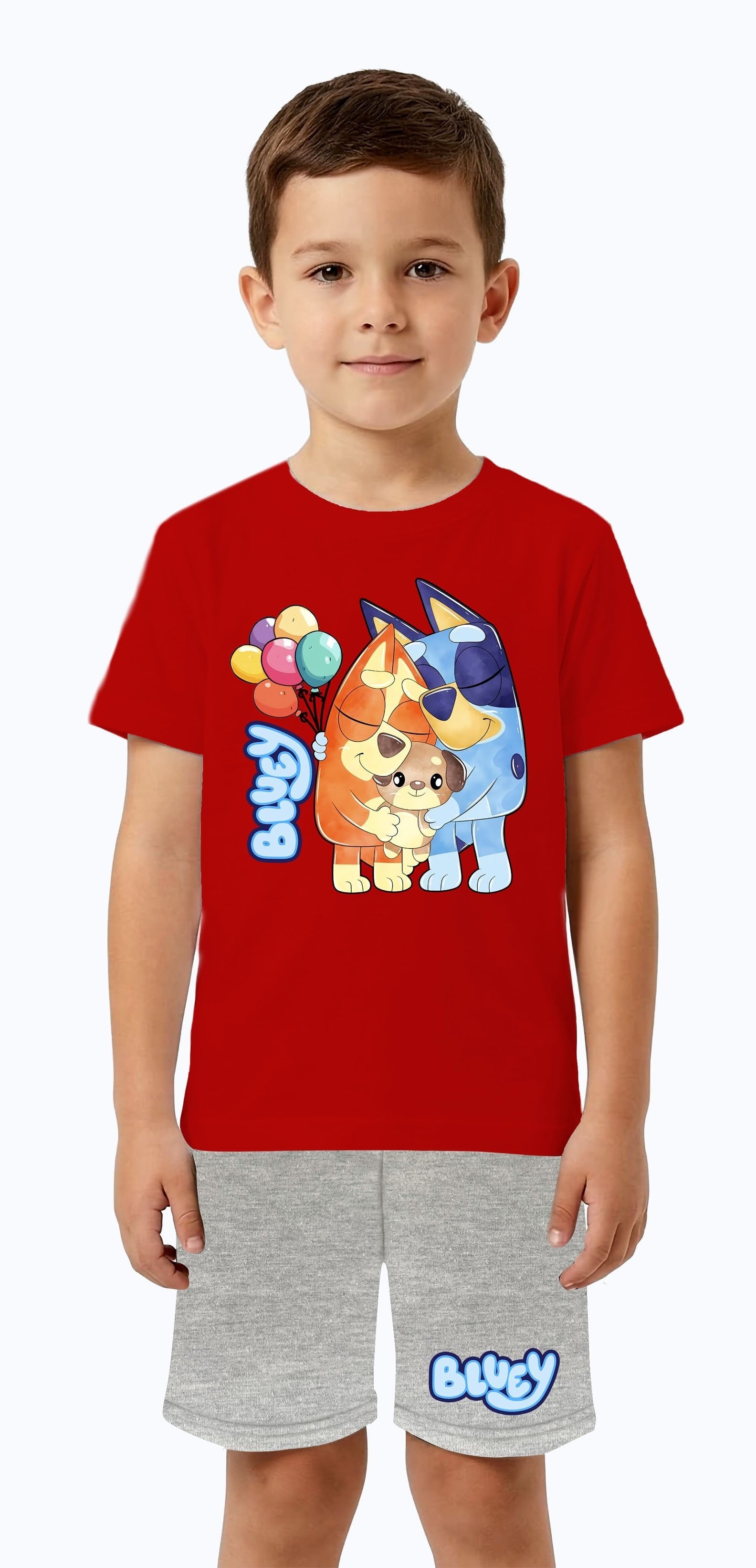 Unisex Bluey baskılı Çocuk Tişört Gri Şortlu Takım pamuklu penye kumaş