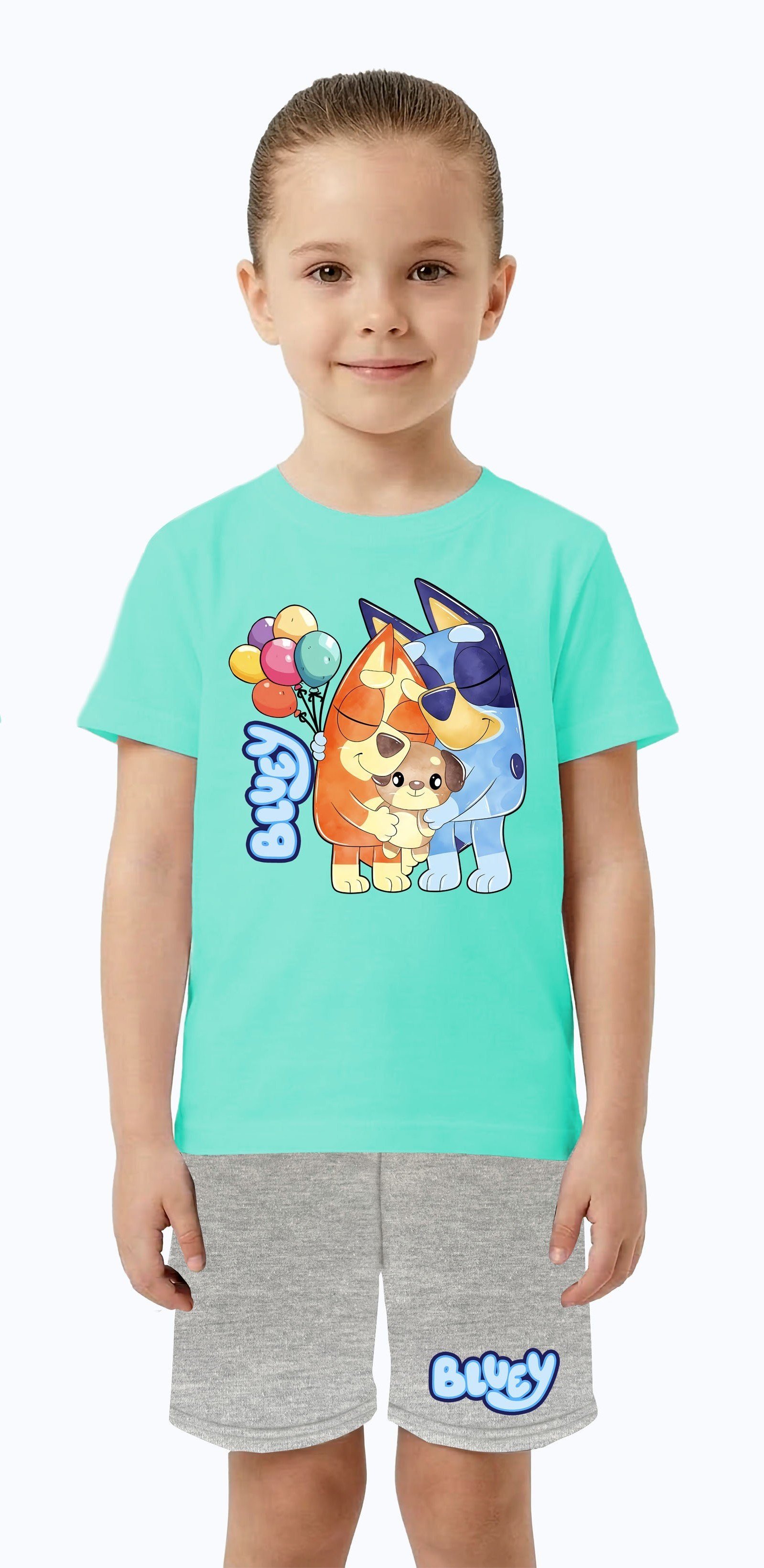 Unisex Bluey baskılı Çocuk Tişört Gri Şortlu Takım pamuklu penye kumaş