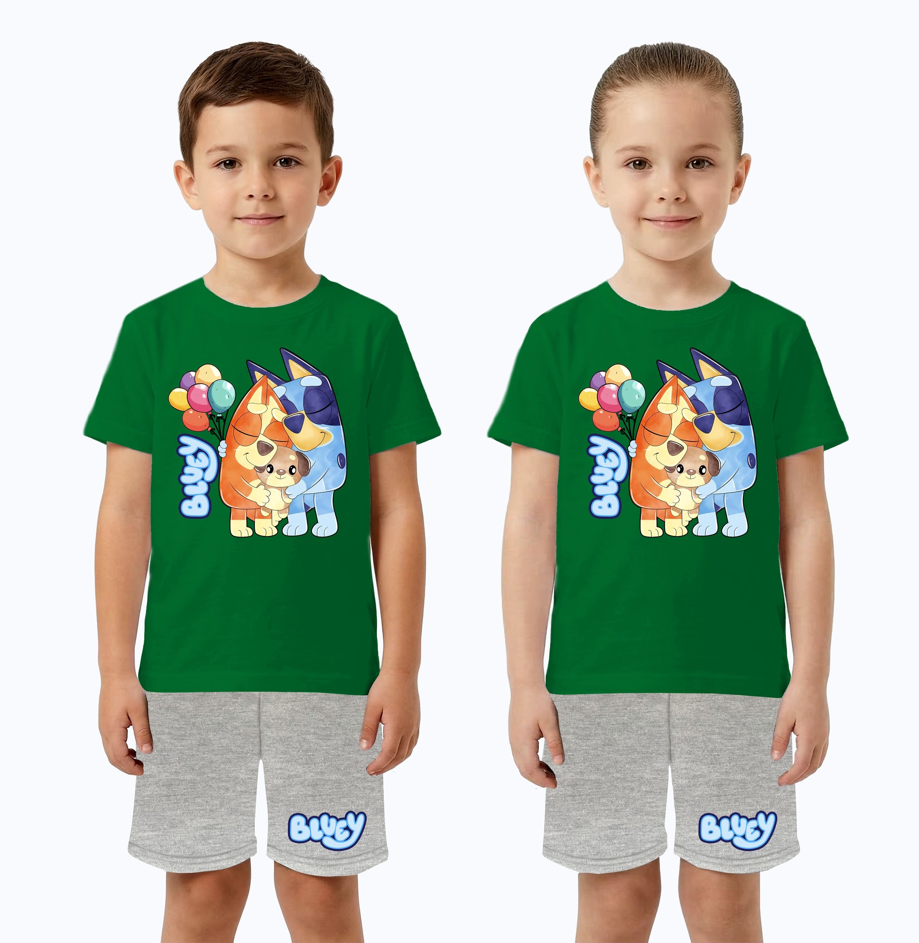 Unisex Bluey baskılı Çocuk Tişört Gri Şortlu Takım pamuklu penye kumaş