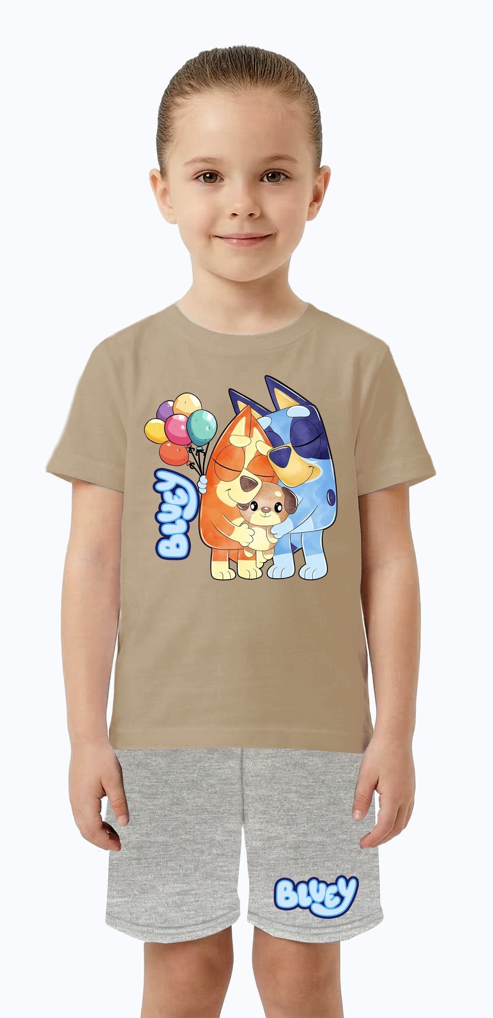 Unisex Bluey baskılı Çocuk Tişört Gri Şortlu Takım pamuklu penye kumaş