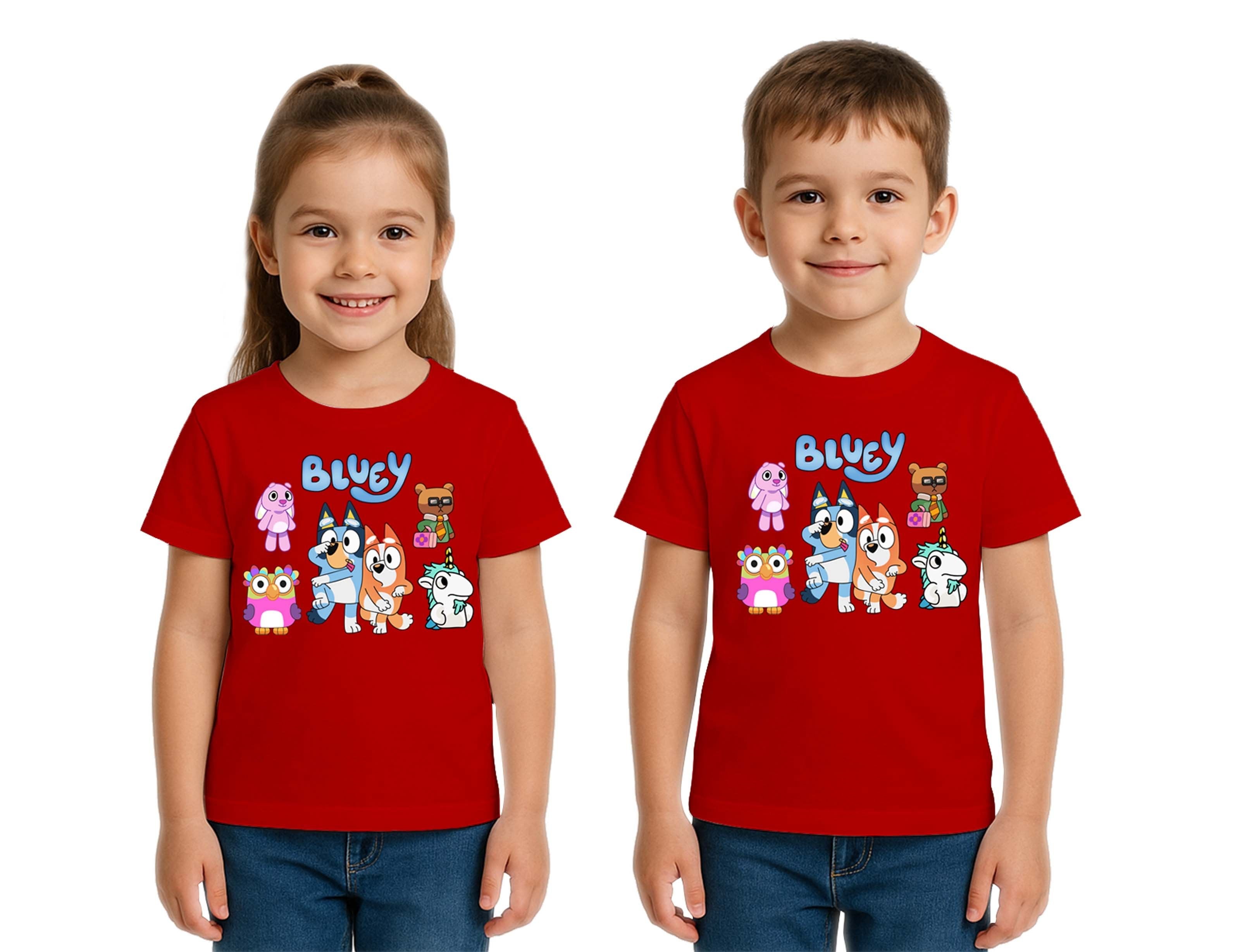Unisex Bluey baskılı Çocuk Tişört pamuklu penye kumaş