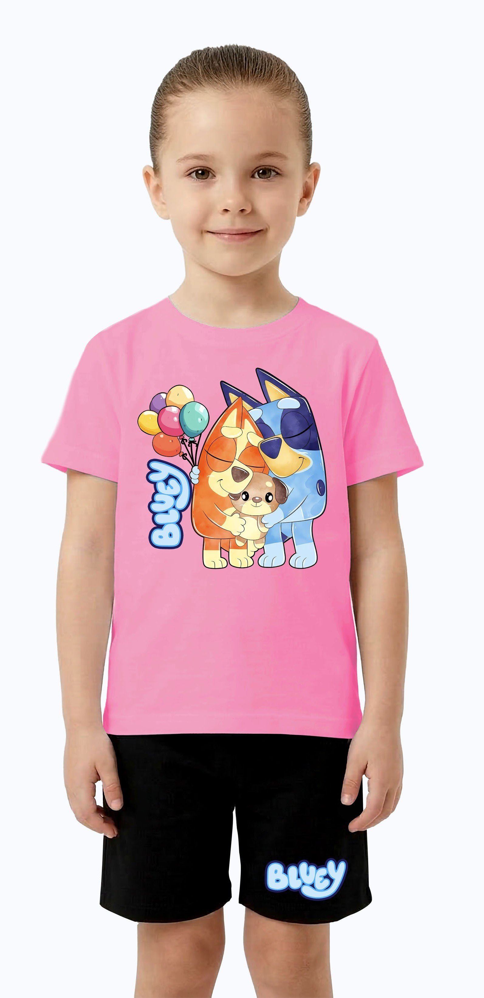 Unisex Bluey baskılı Çocuk Tişört Siyah Şortlu Takım pamuklu penye kumaş