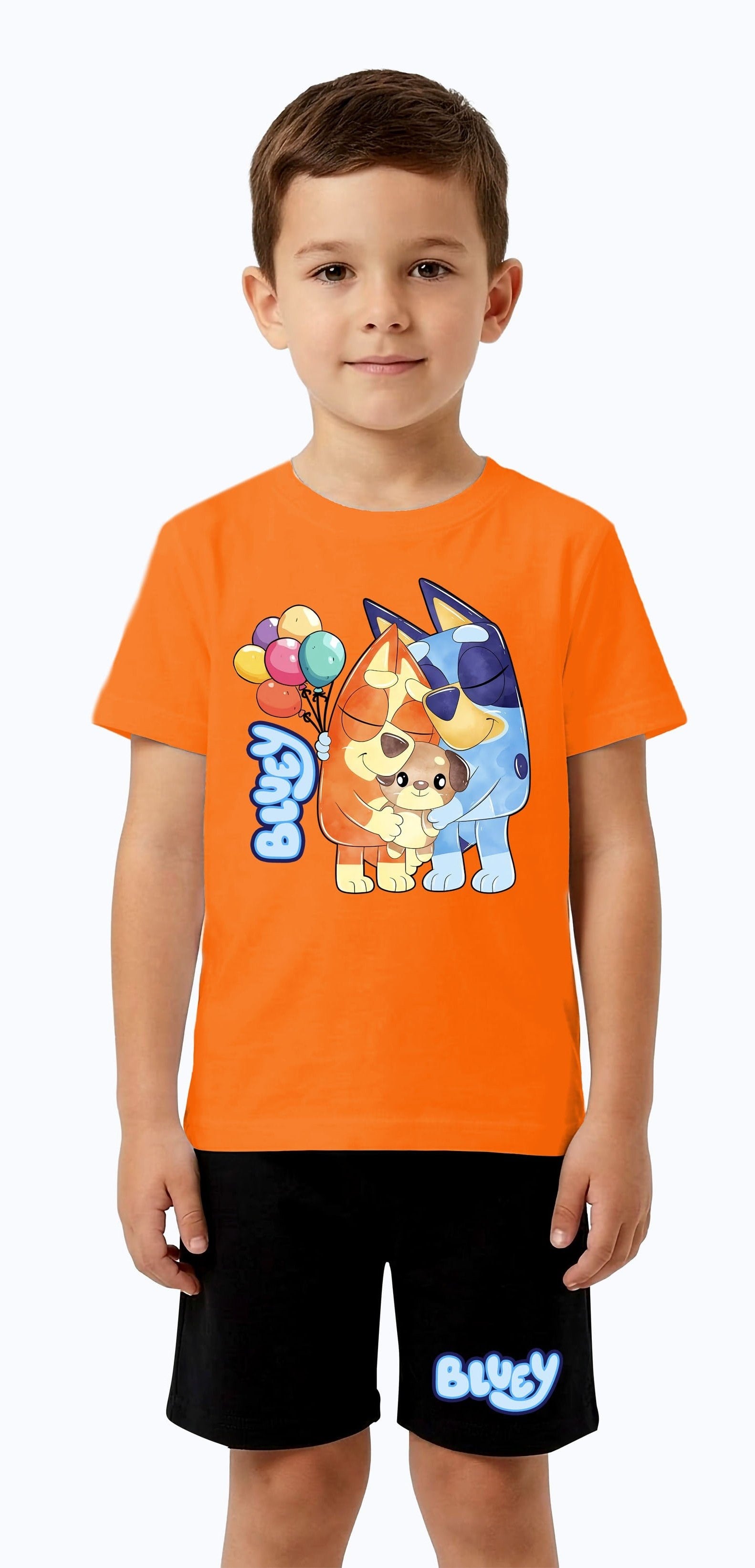 Unisex Bluey baskılı Çocuk Tişört Siyah Şortlu Takım pamuklu penye kumaş