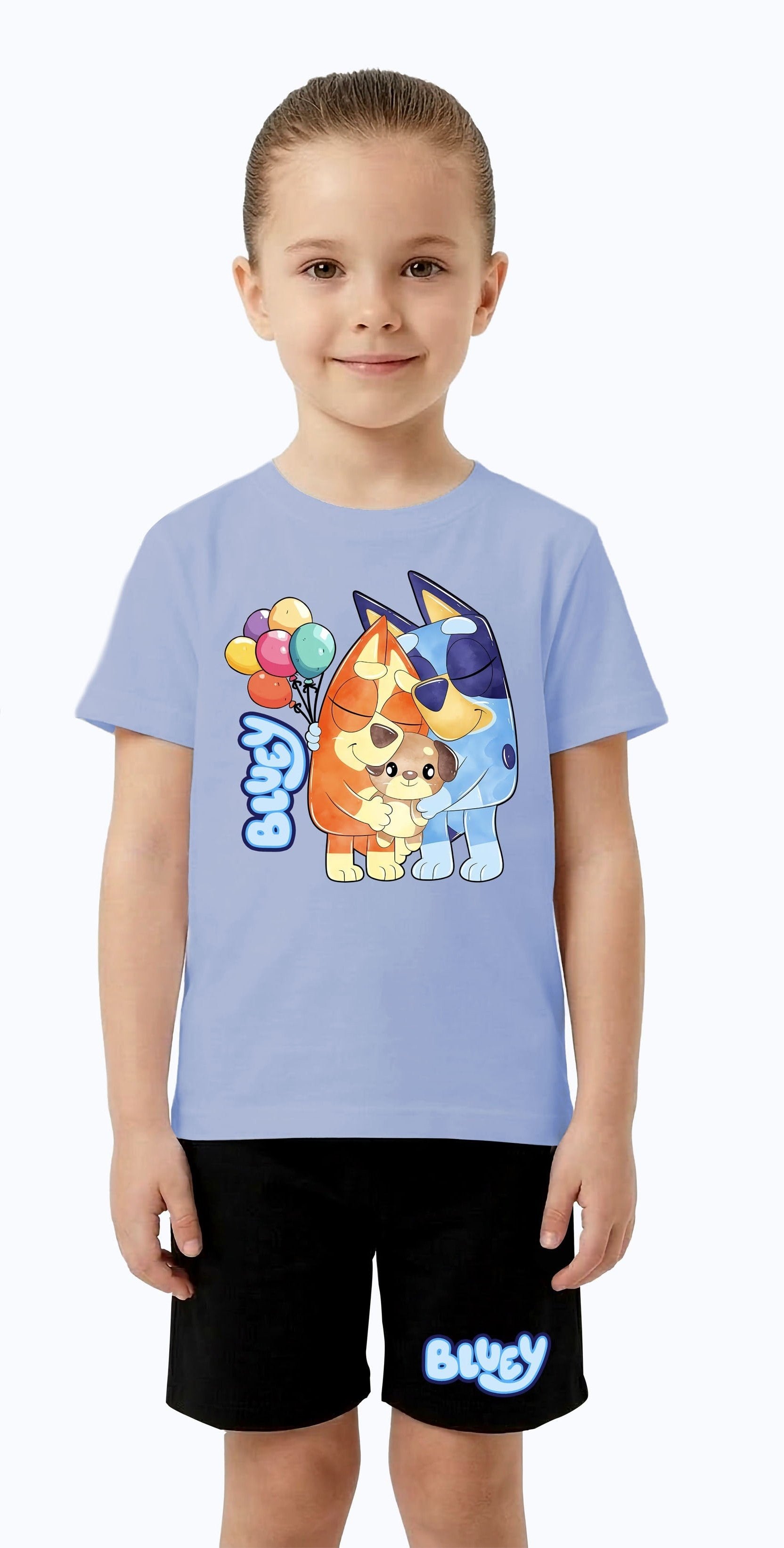 Unisex Bluey baskılı Çocuk Tişört Siyah Şortlu Takım pamuklu penye kumaş