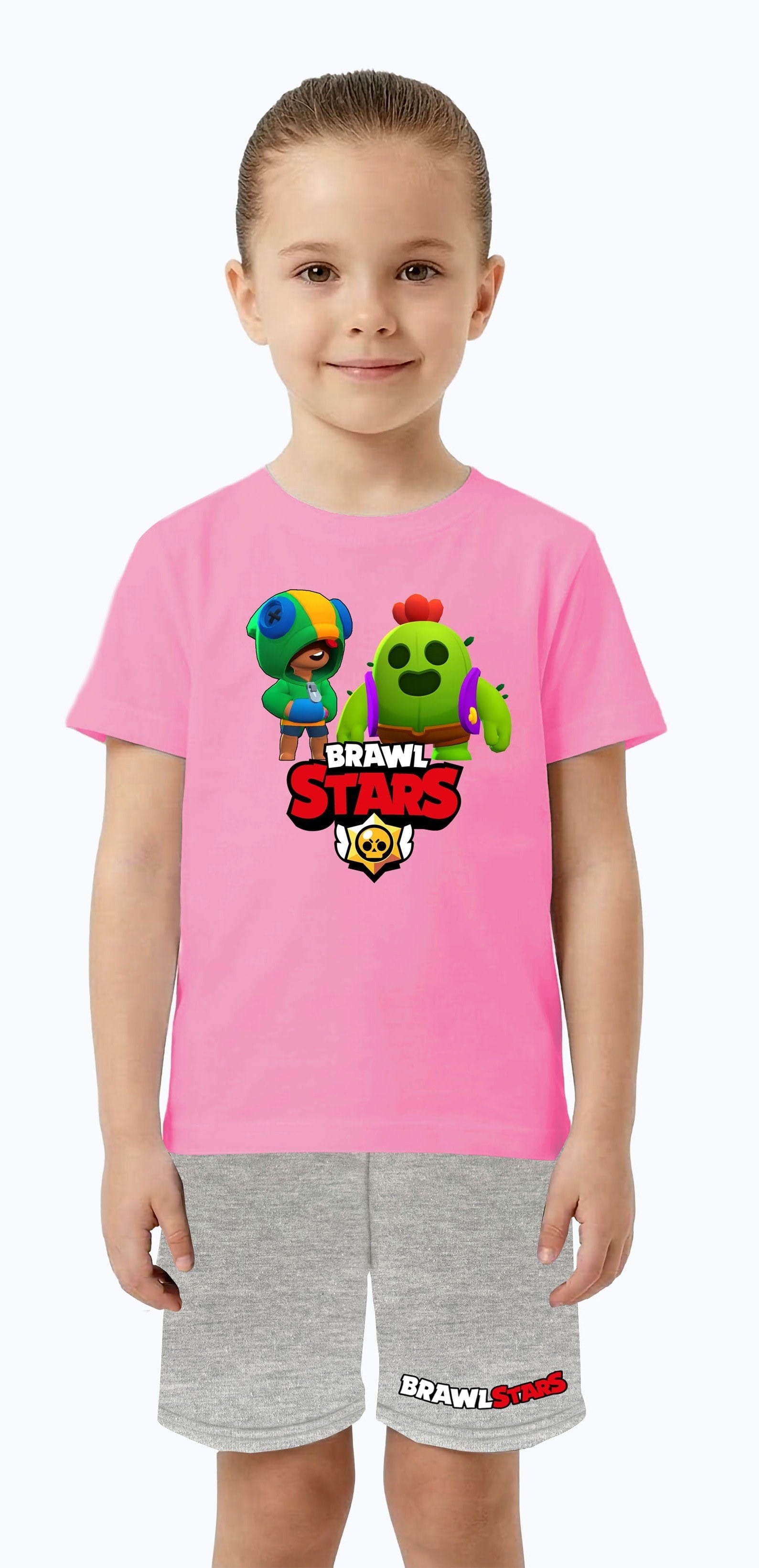 Unisex Brawl Stars baskılı Çocuk Tişört gri Şortlu Takım pamuklu penye kumaş