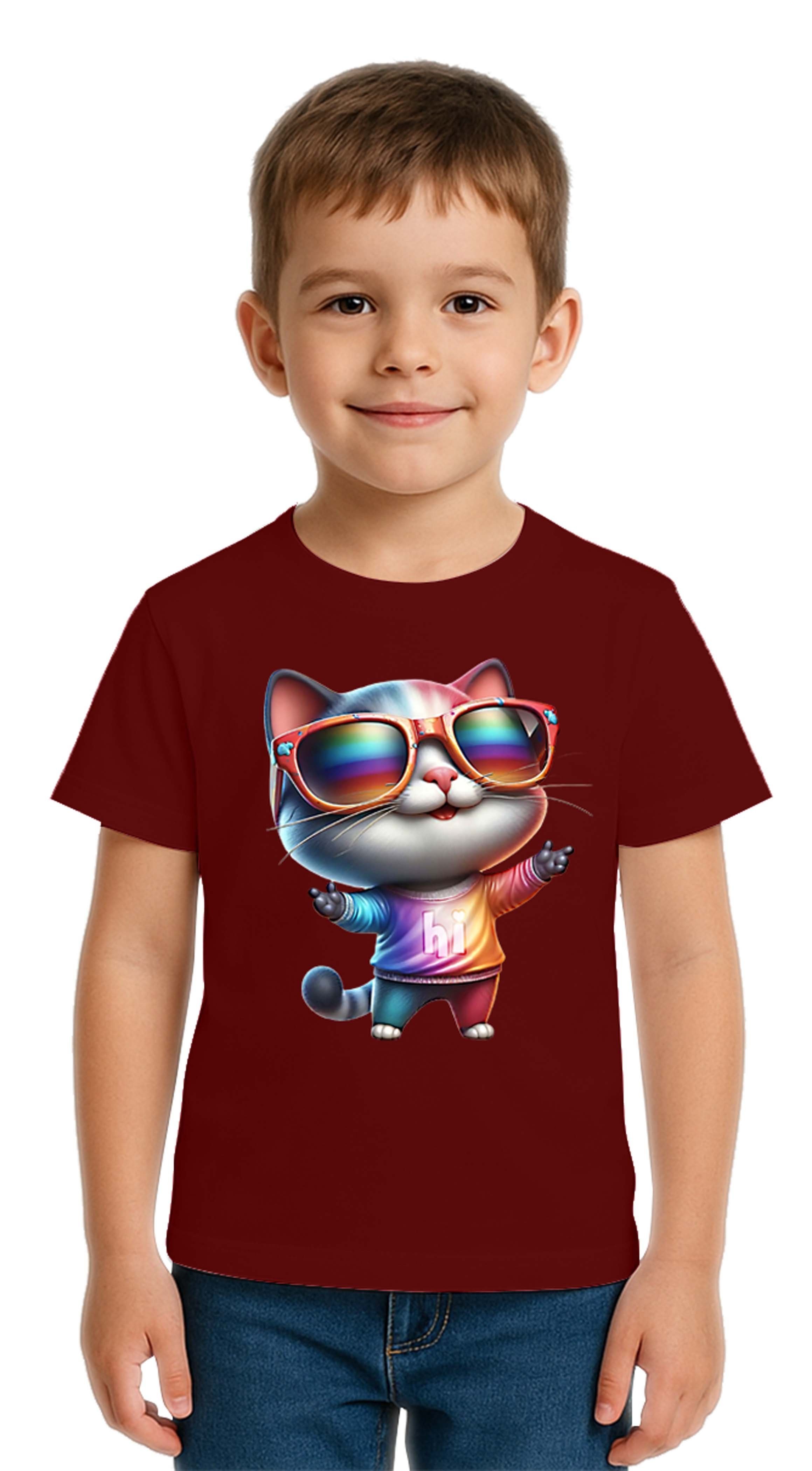 Unisex Cat Baskılı Çocuk Tişört pamuklu penye kumaş