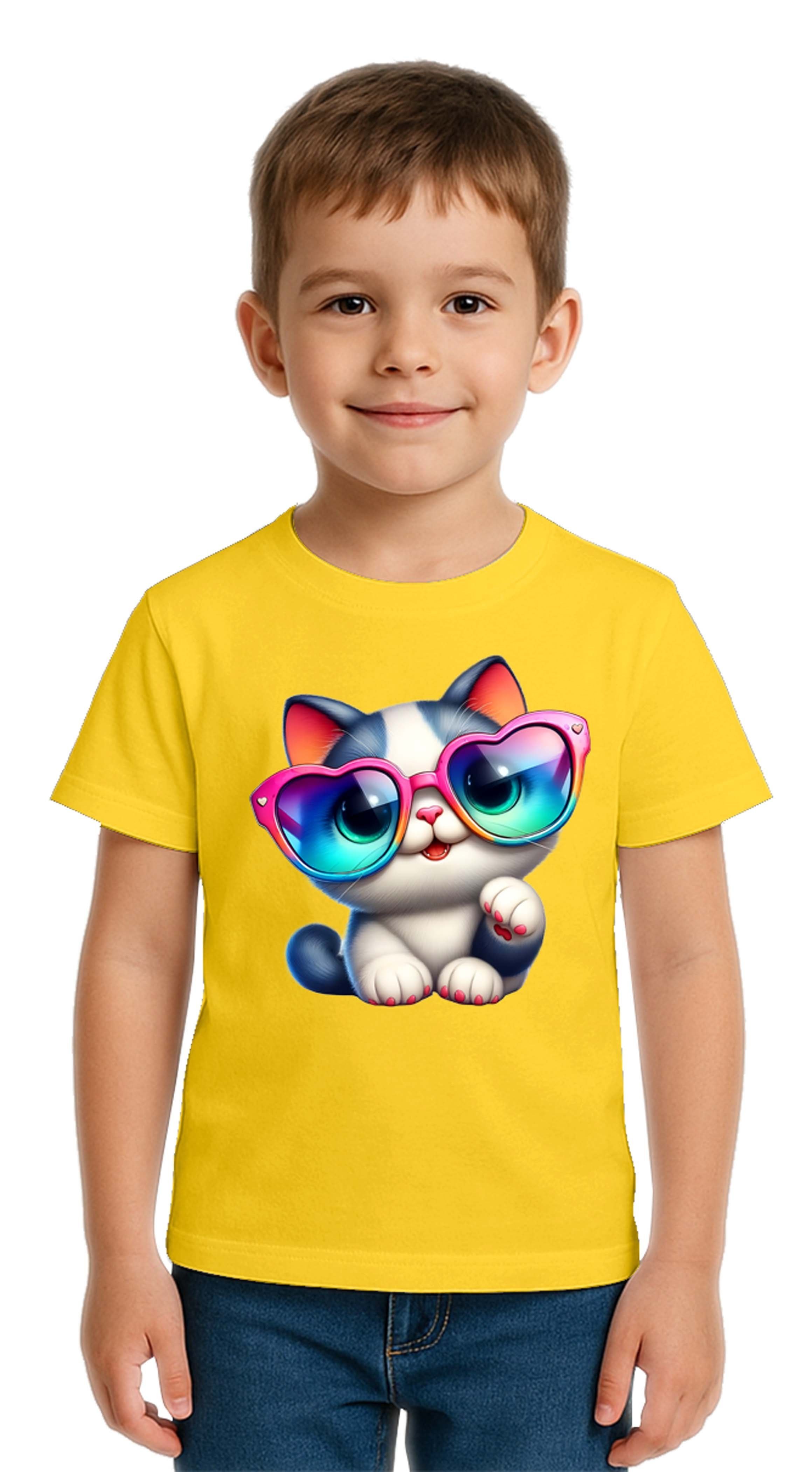 Unisex Cat Baskılı Çocuk Tişört pamuklu penye kumaş
