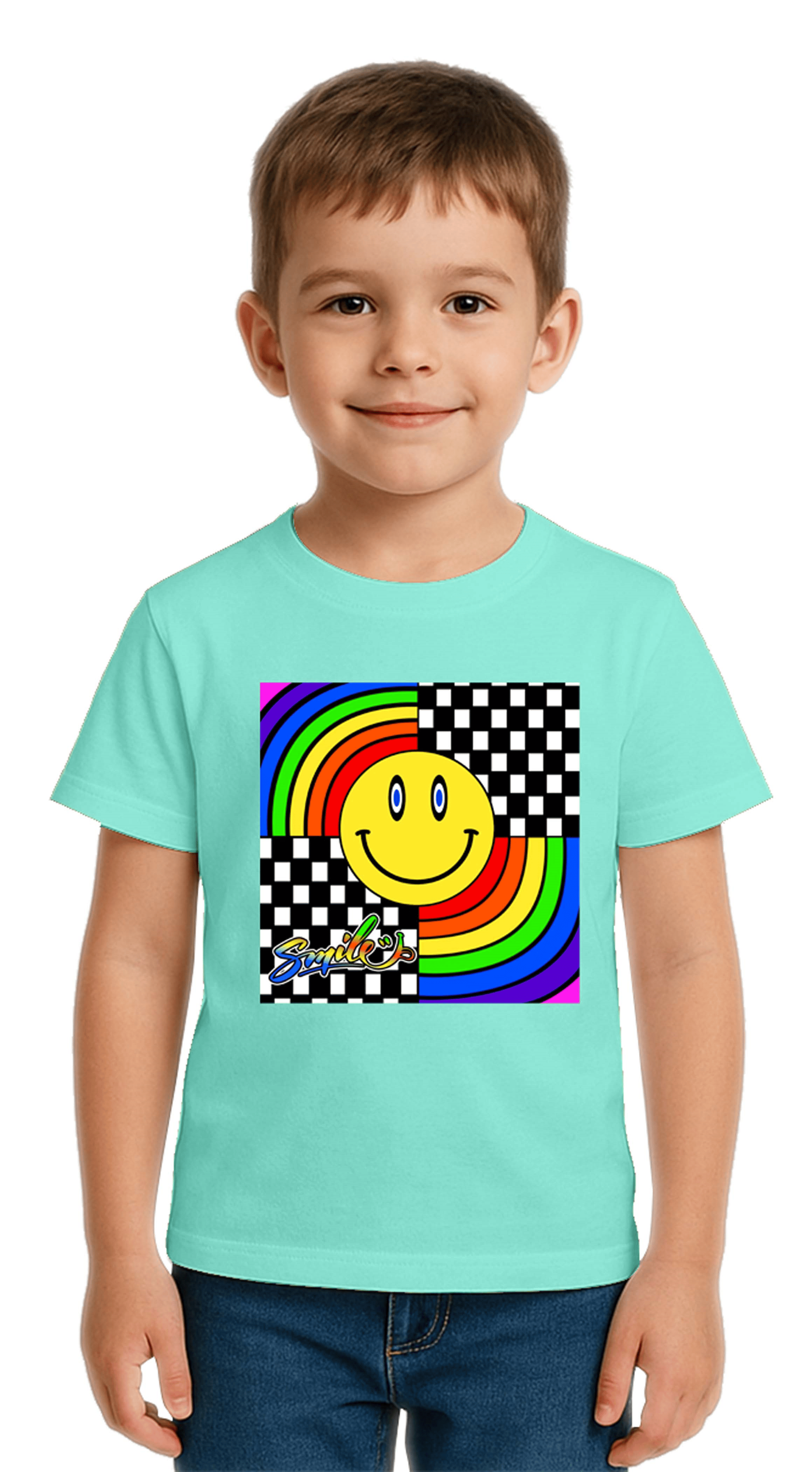 Unisex Gülen Yüz Smile  Baskılı Çocuk Tişört pamuklu penye kumaş