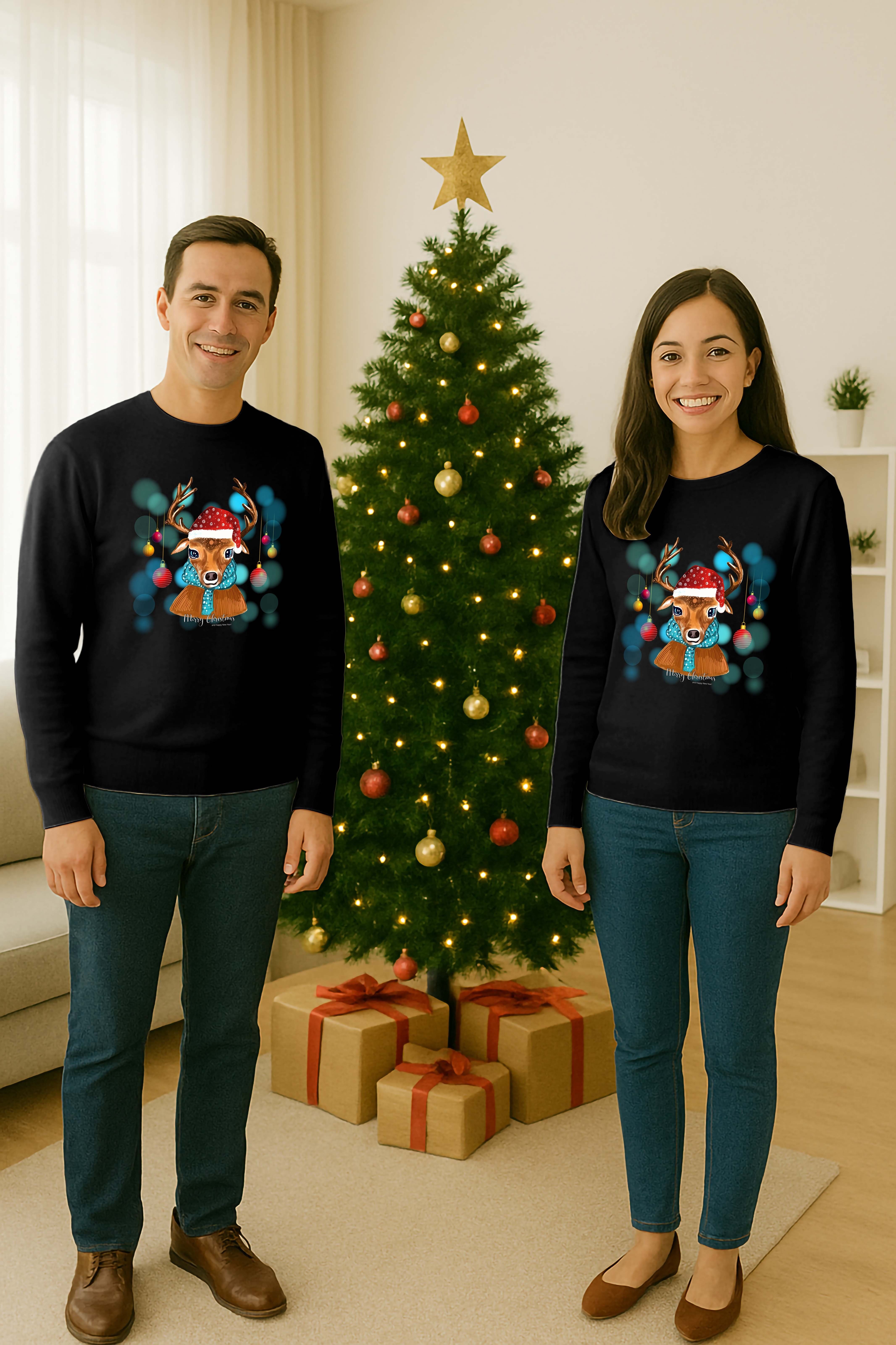 Unisex Happy New Year Yılbaşı Baskılı Yetişkin ve Çocuk Sweatshirt 3 İplik Şardonlu Kumaş