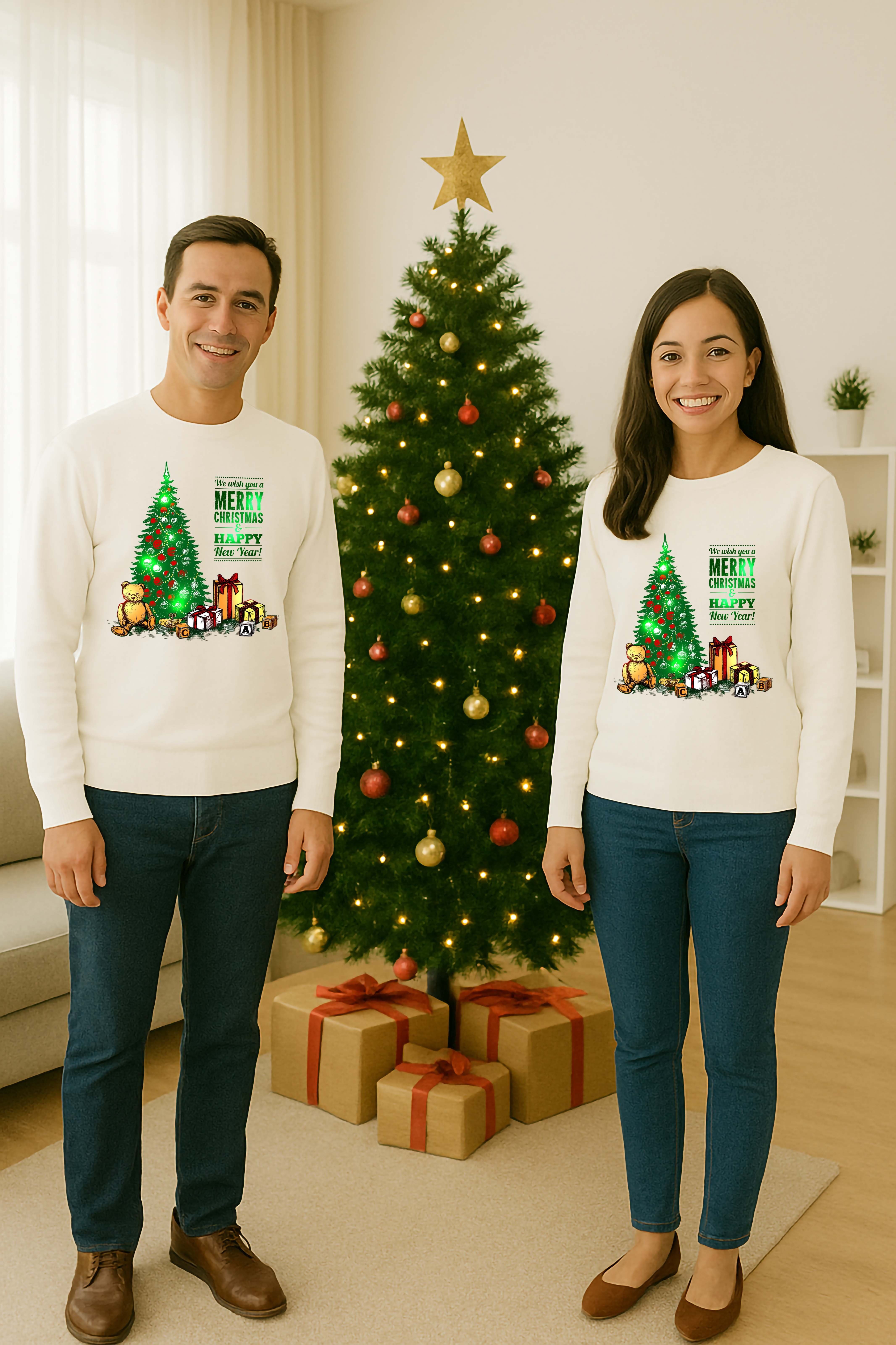Unisex Happy New Year Yılbaşı Baskılı Yetişkin ve Çocuk Sweatshirt 3 İplik Şardonlu Kumaş