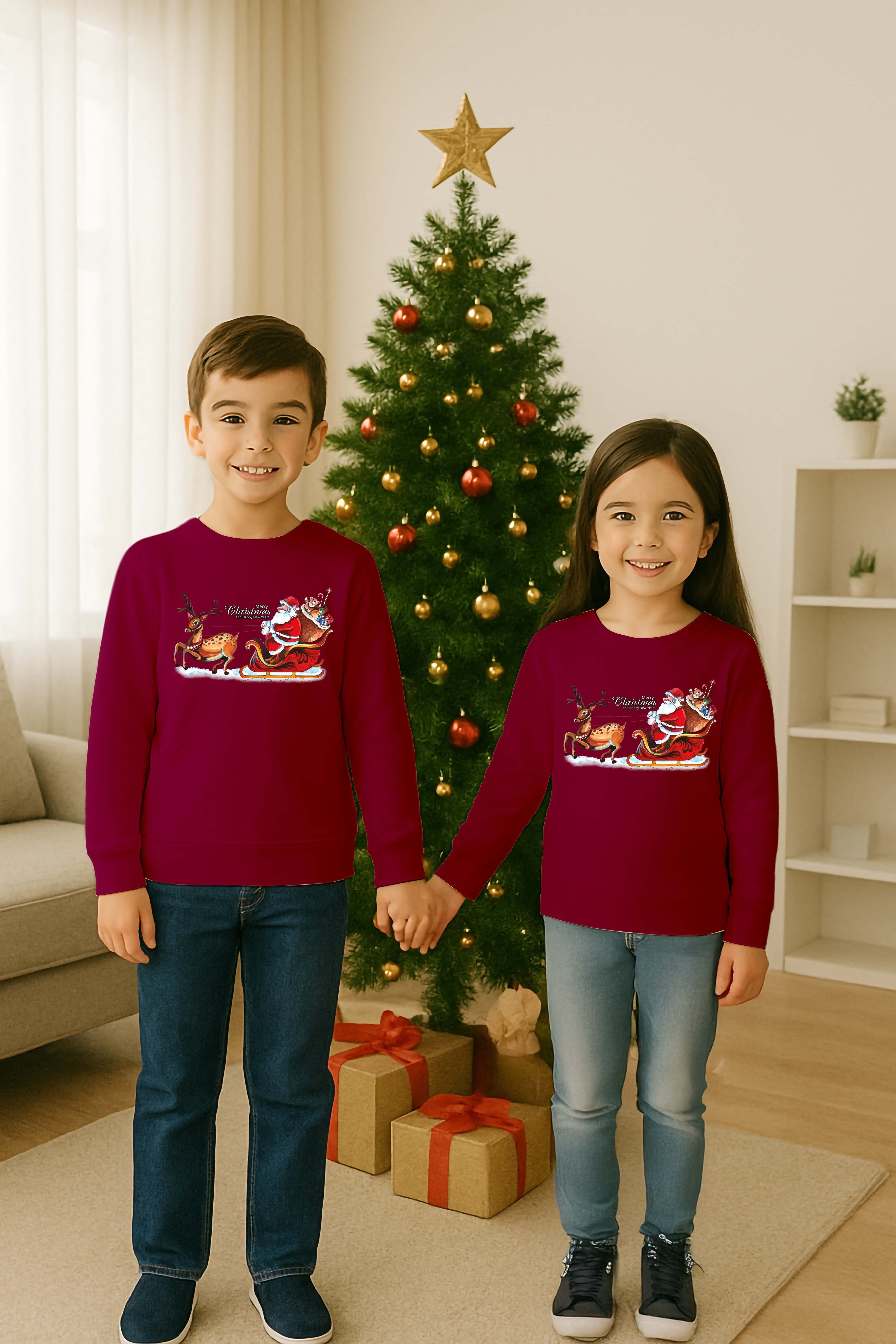 Unisex Happy New Year Yılbaşı Baskılı Yetişkin ve Çocuk Sweatshirt 3 İplik Şardonlu Kumaş