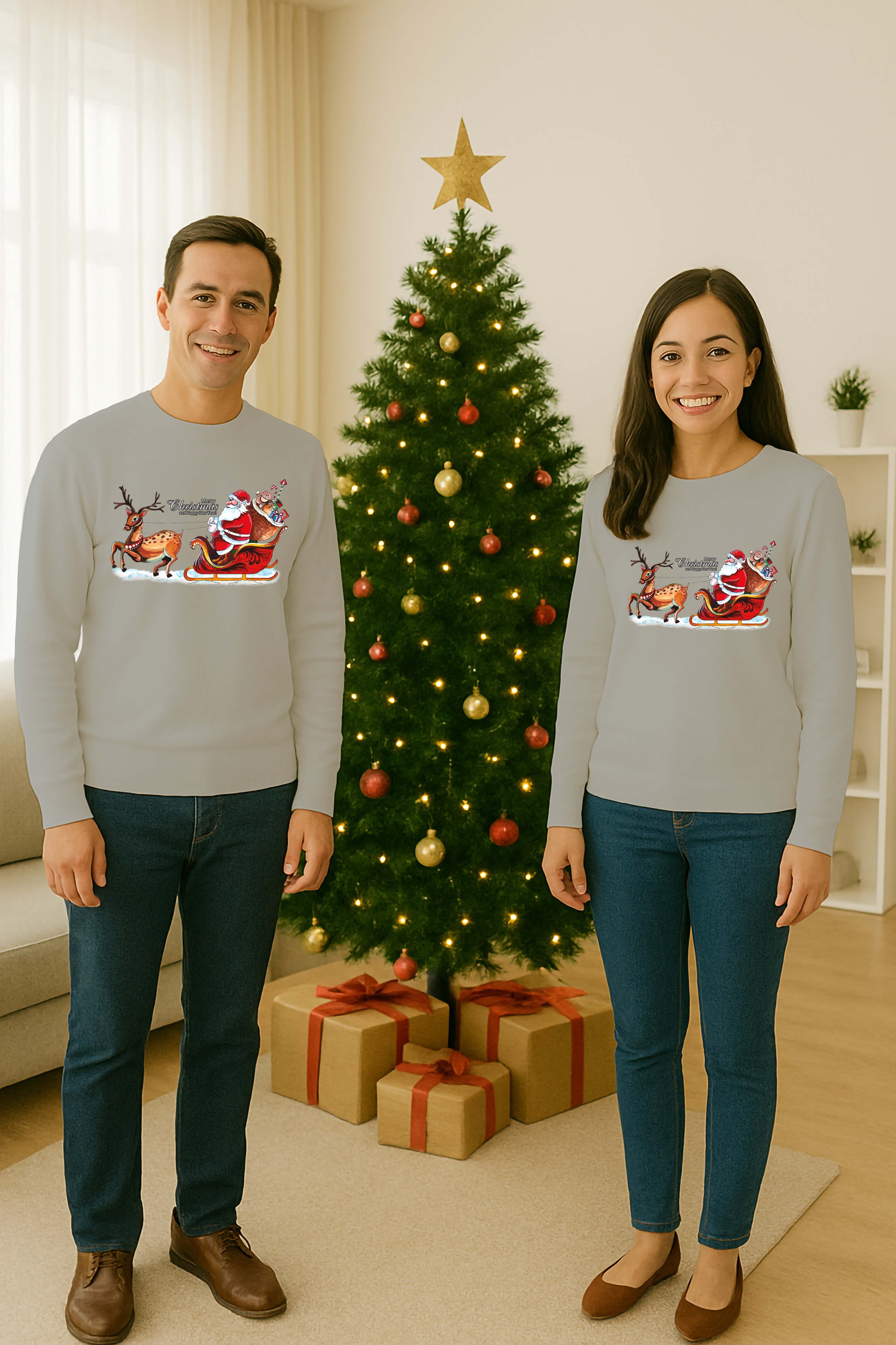 Unisex Happy New Year Yılbaşı Baskılı Yetişkin ve Çocuk Sweatshirt 3 İplik Şardonlu Kumaş