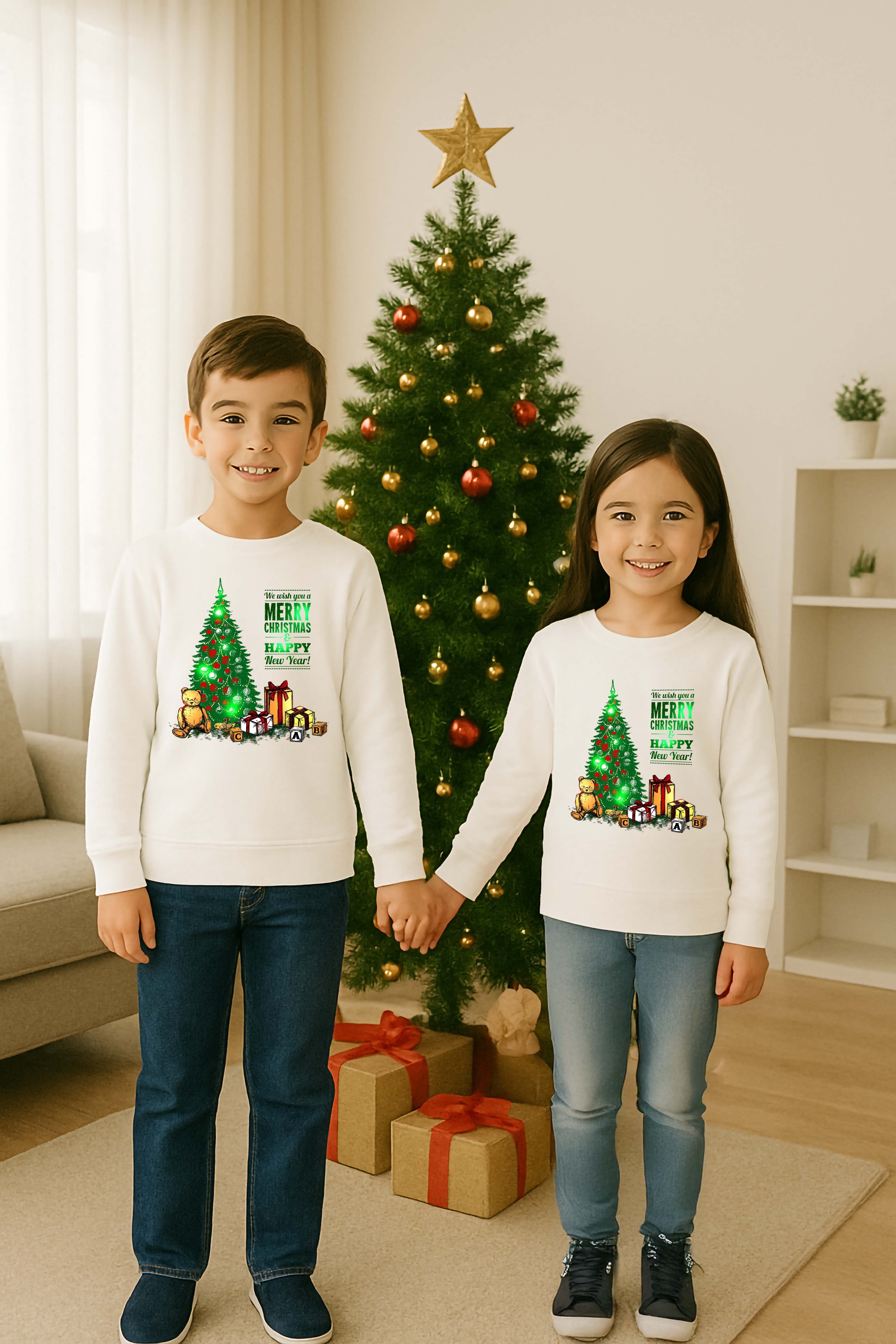 Unisex Happy New Year Yılbaşı Baskılı Yetişkin ve Çocuk Sweatshirt 3 İplik Şardonlu Kumaş