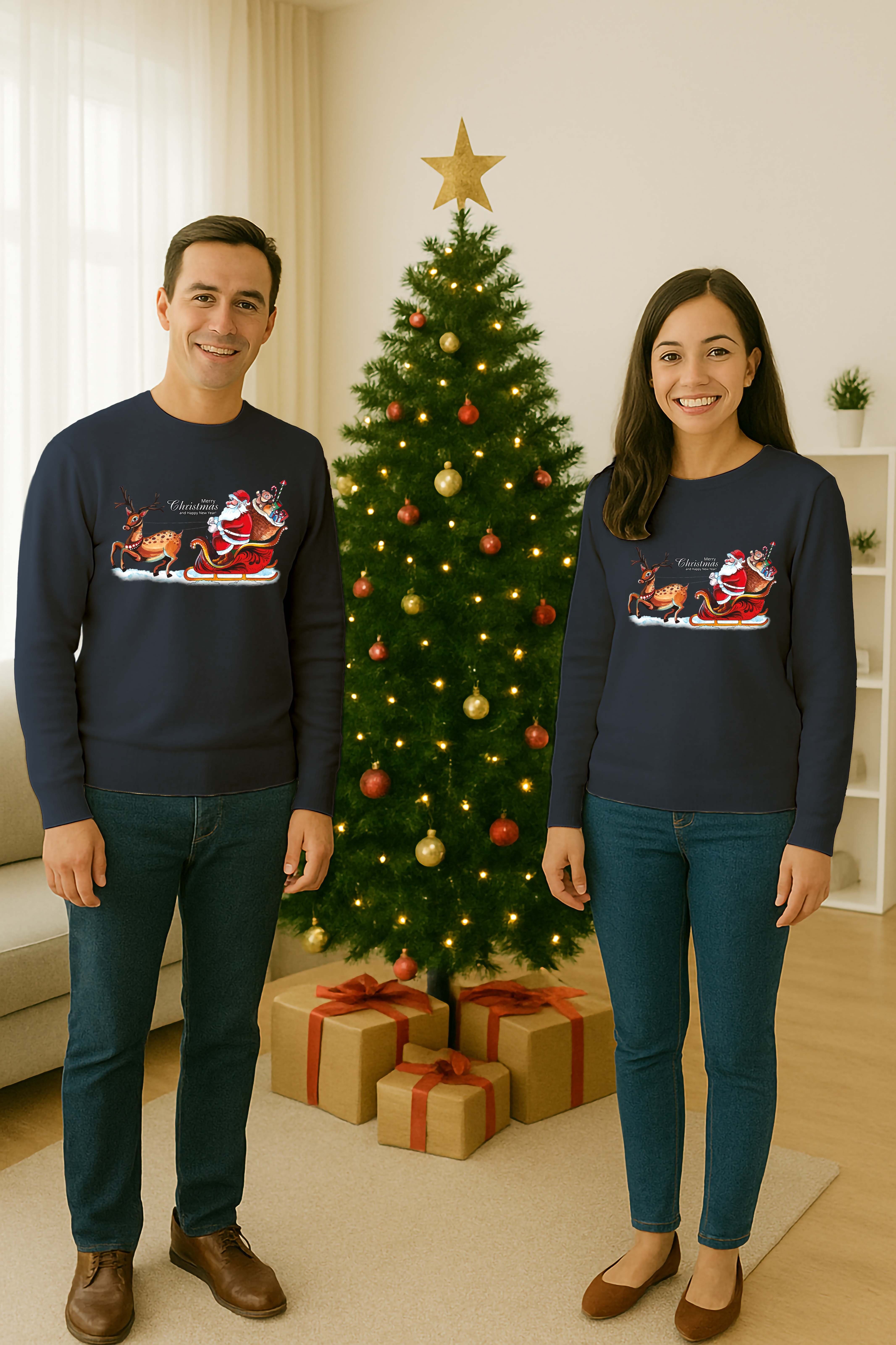 Unisex Happy New Year Yılbaşı Baskılı Yetişkin ve Çocuk Sweatshirt 3 İplik Şardonlu Kumaş