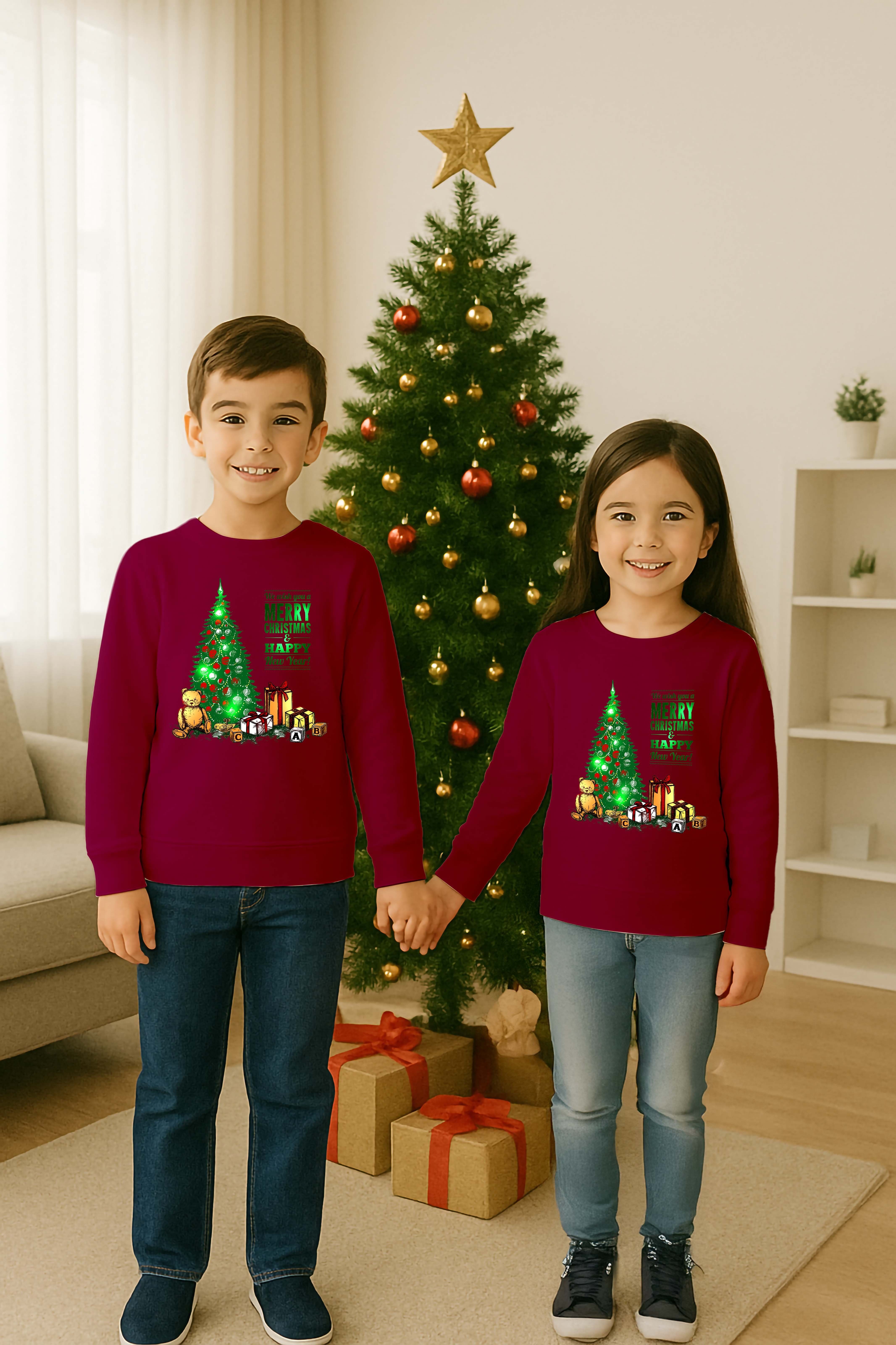 Unisex Happy New Year Yılbaşı Baskılı Yetişkin ve Çocuk Sweatshirt 3 İplik Şardonlu Kumaş