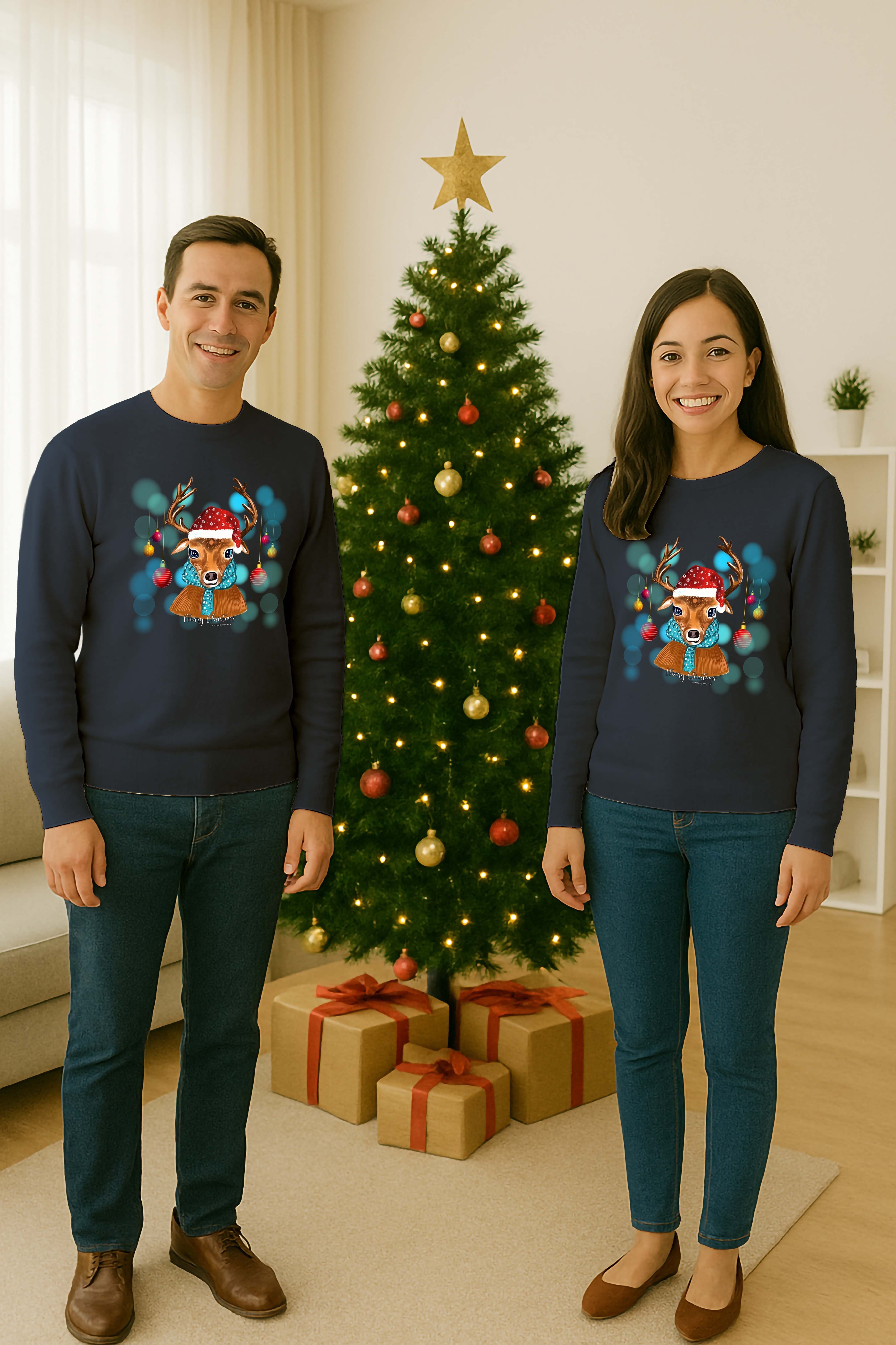Unisex Happy New Year Yılbaşı Baskılı Yetişkin ve Çocuk Sweatshirt 3 İplik Şardonlu Kumaş