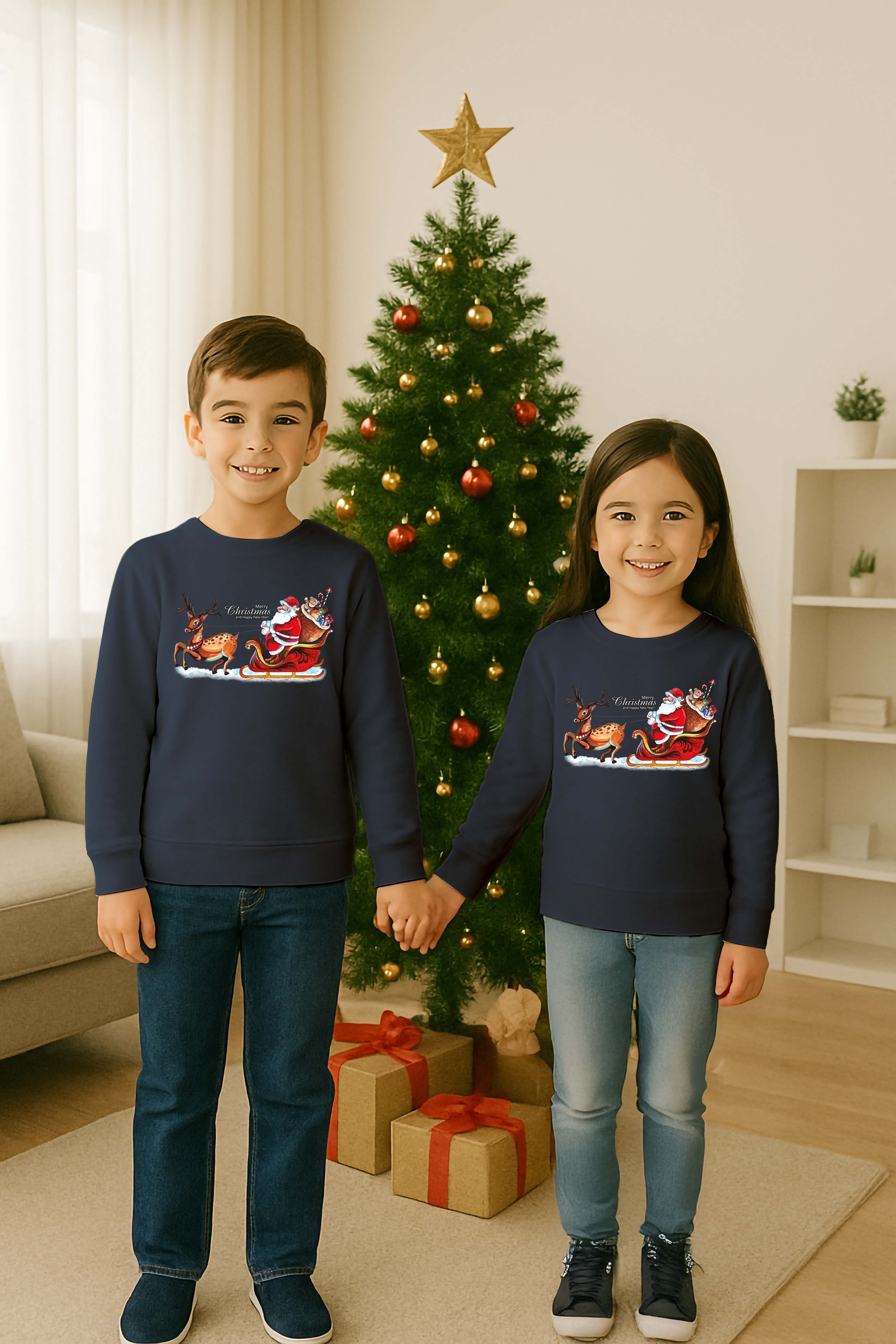 Unisex Happy New Year Yılbaşı Baskılı Yetişkin ve Çocuk Sweatshirt 3 İplik Şardonlu Kumaş