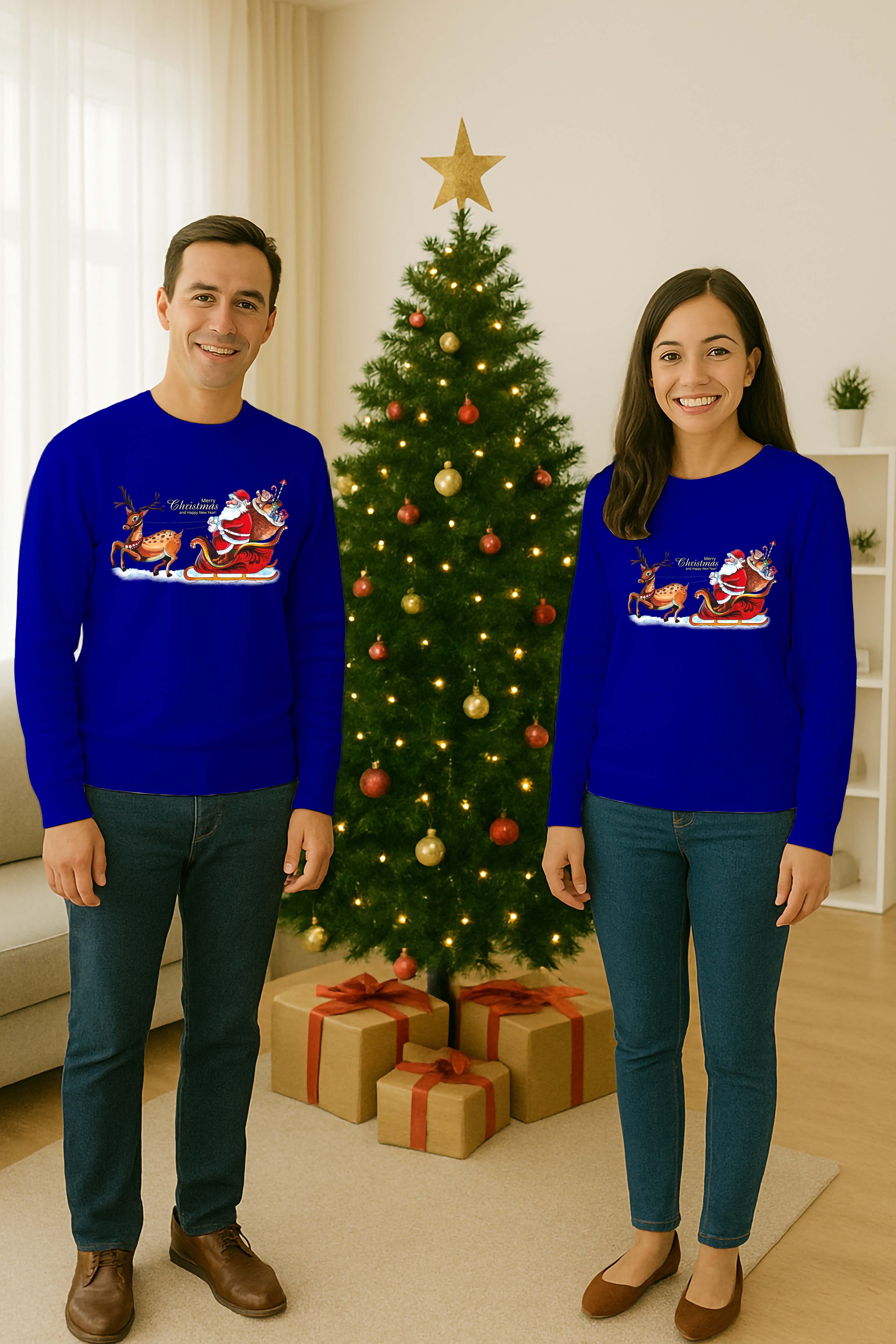 Unisex Happy New Year Yılbaşı Baskılı Yetişkin ve Çocuk Sweatshirt 3 İplik Şardonlu Kumaş