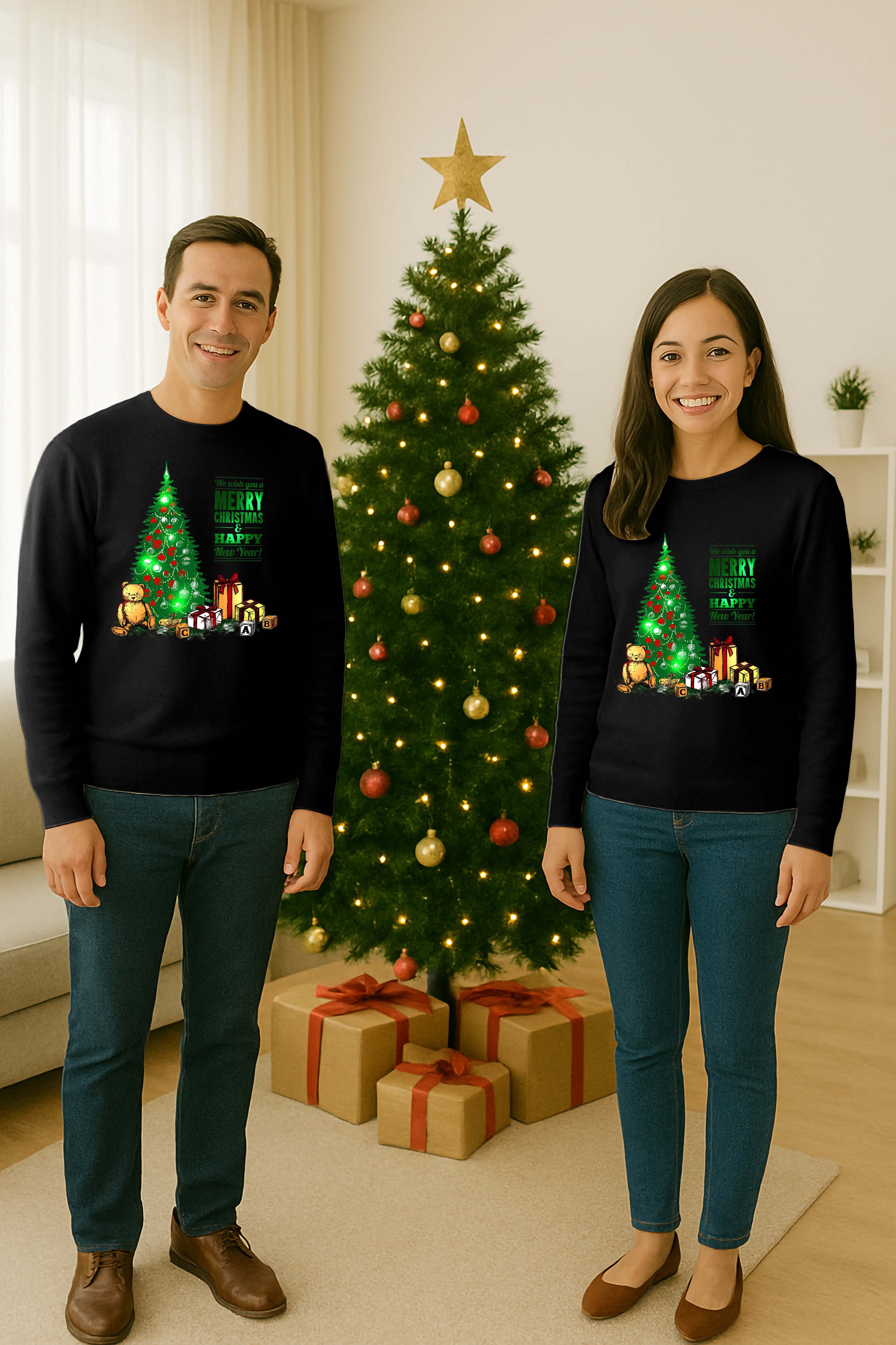Unisex Happy New Year Yılbaşı Baskılı Yetişkin ve Çocuk Sweatshirt 3 İplik Şardonlu Kumaş