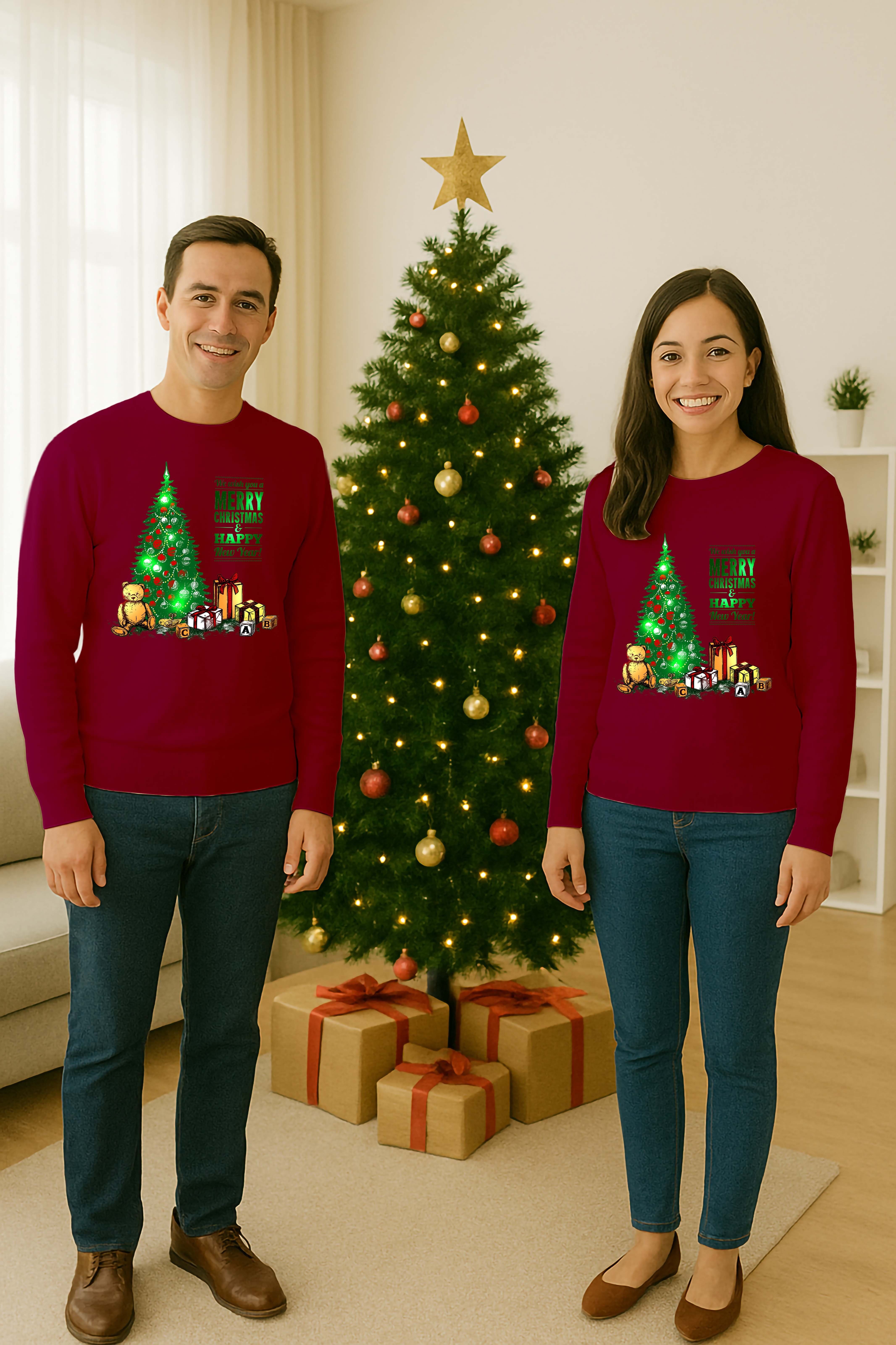 Unisex Happy New Year Yılbaşı Baskılı Yetişkin ve Çocuk Sweatshirt 3 İplik Şardonlu Kumaş