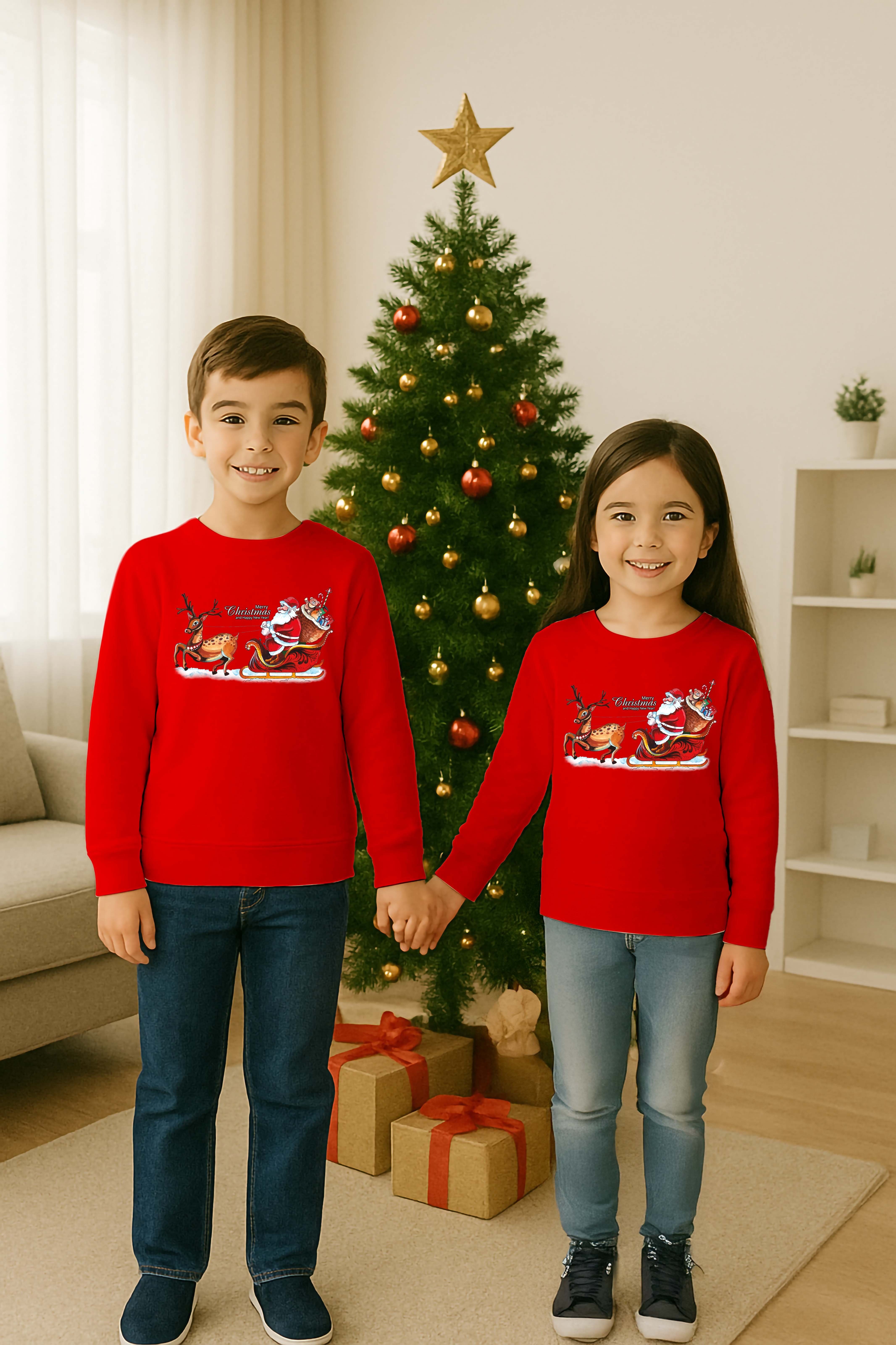 Unisex Happy New Year Yılbaşı Baskılı Yetişkin ve Çocuk Sweatshirt 3 İplik Şardonlu Kumaş