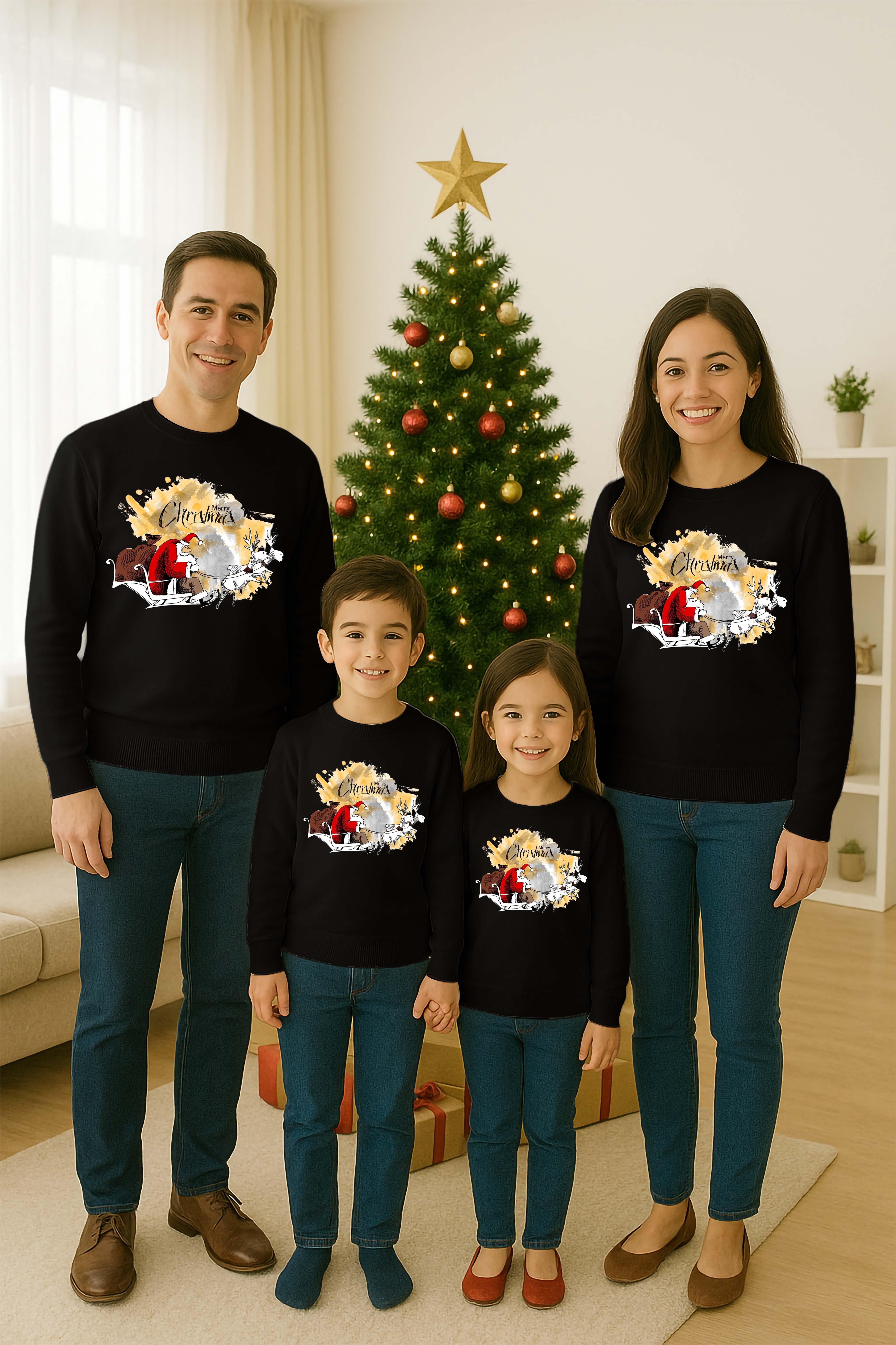 Unisex Happy New Year Yılbaşı Baskılı Yetişkin ve Çocuk Sweatshirt 3 İplik Şardonlu Kumaş