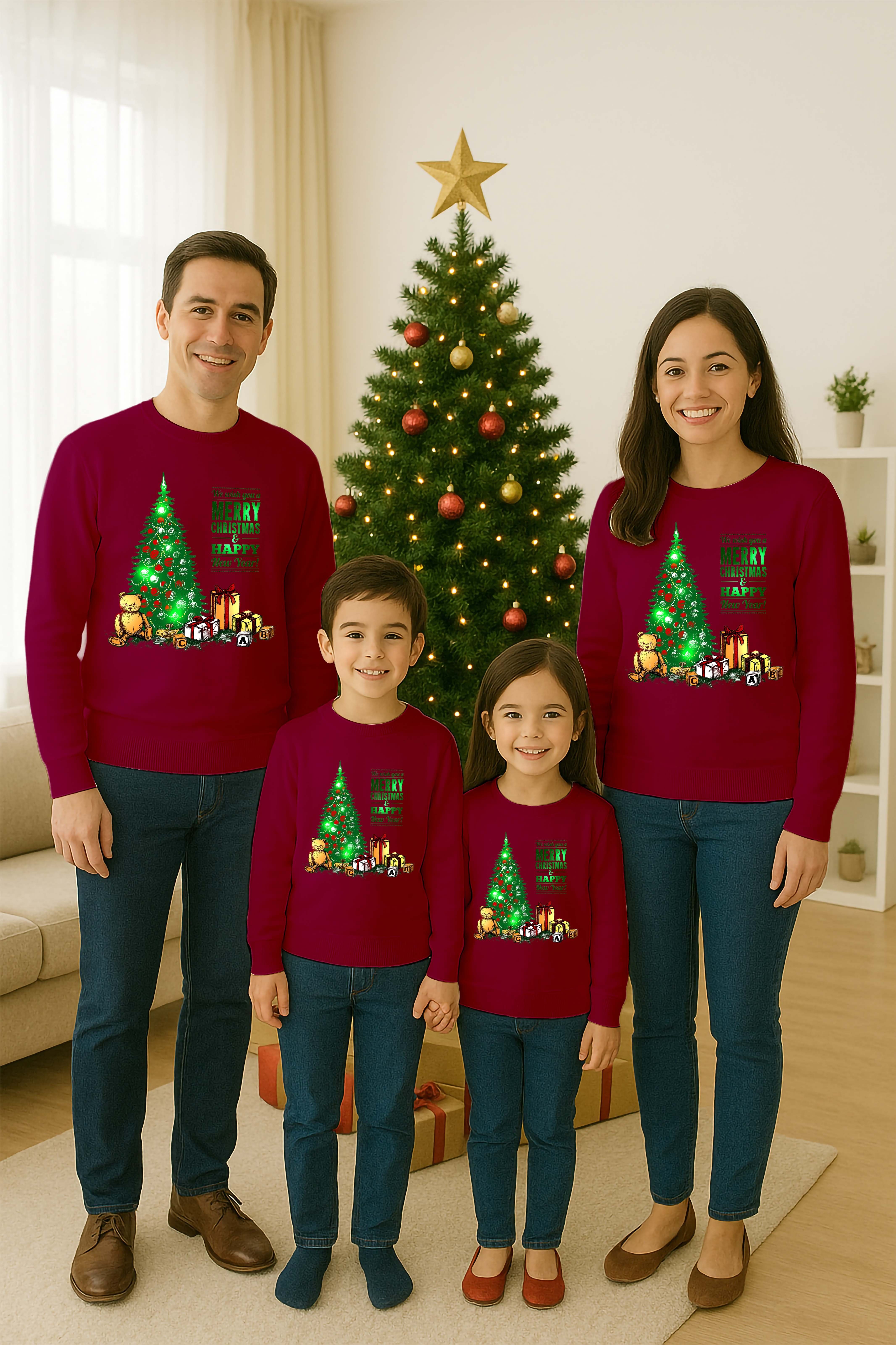 Unisex Happy New Year Yılbaşı Baskılı Yetişkin ve Çocuk Sweatshirt 3 İplik Şardonlu Kumaş