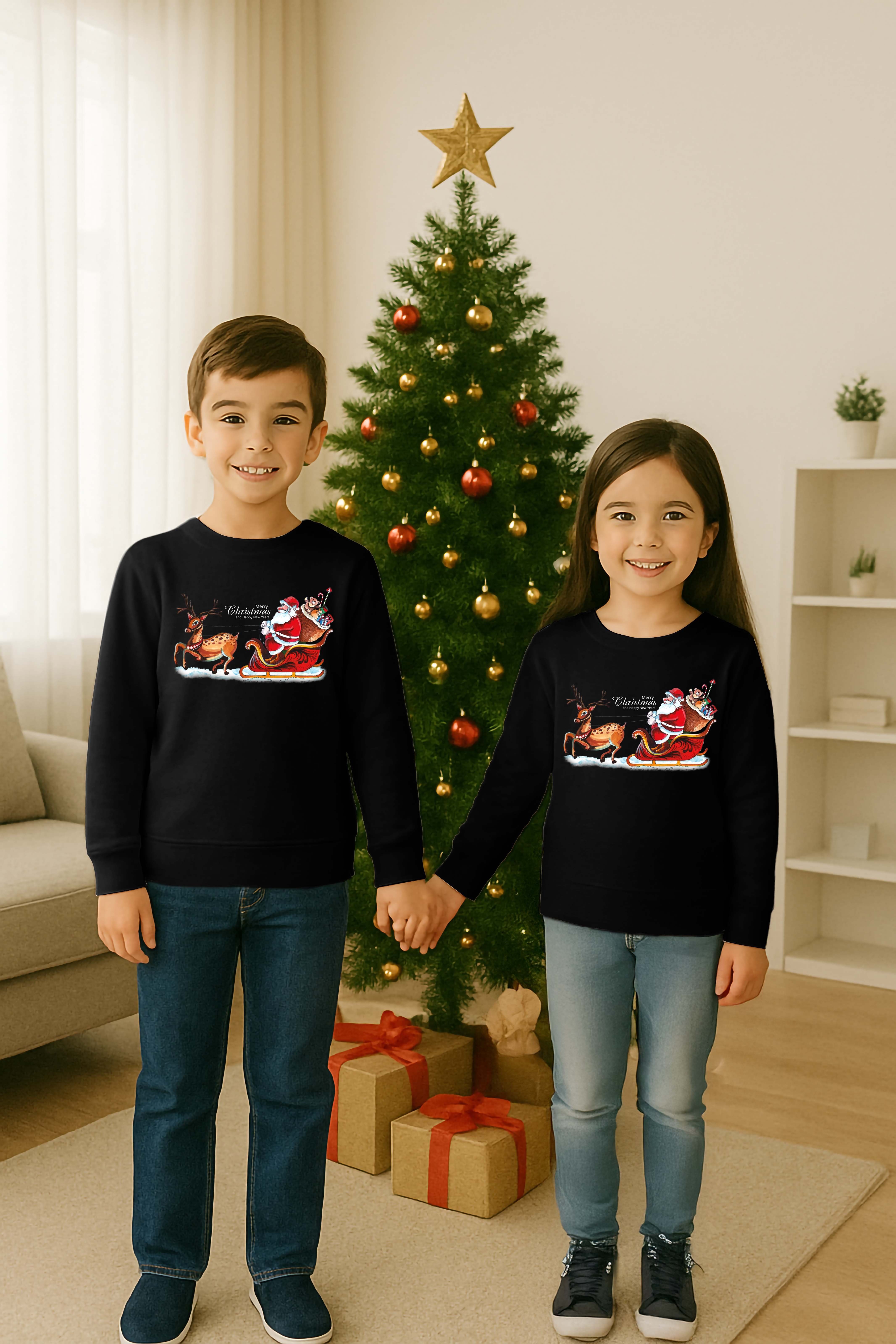 Unisex Happy New Year Yılbaşı Baskılı Yetişkin ve Çocuk Sweatshirt 3 İplik Şardonlu Kumaş