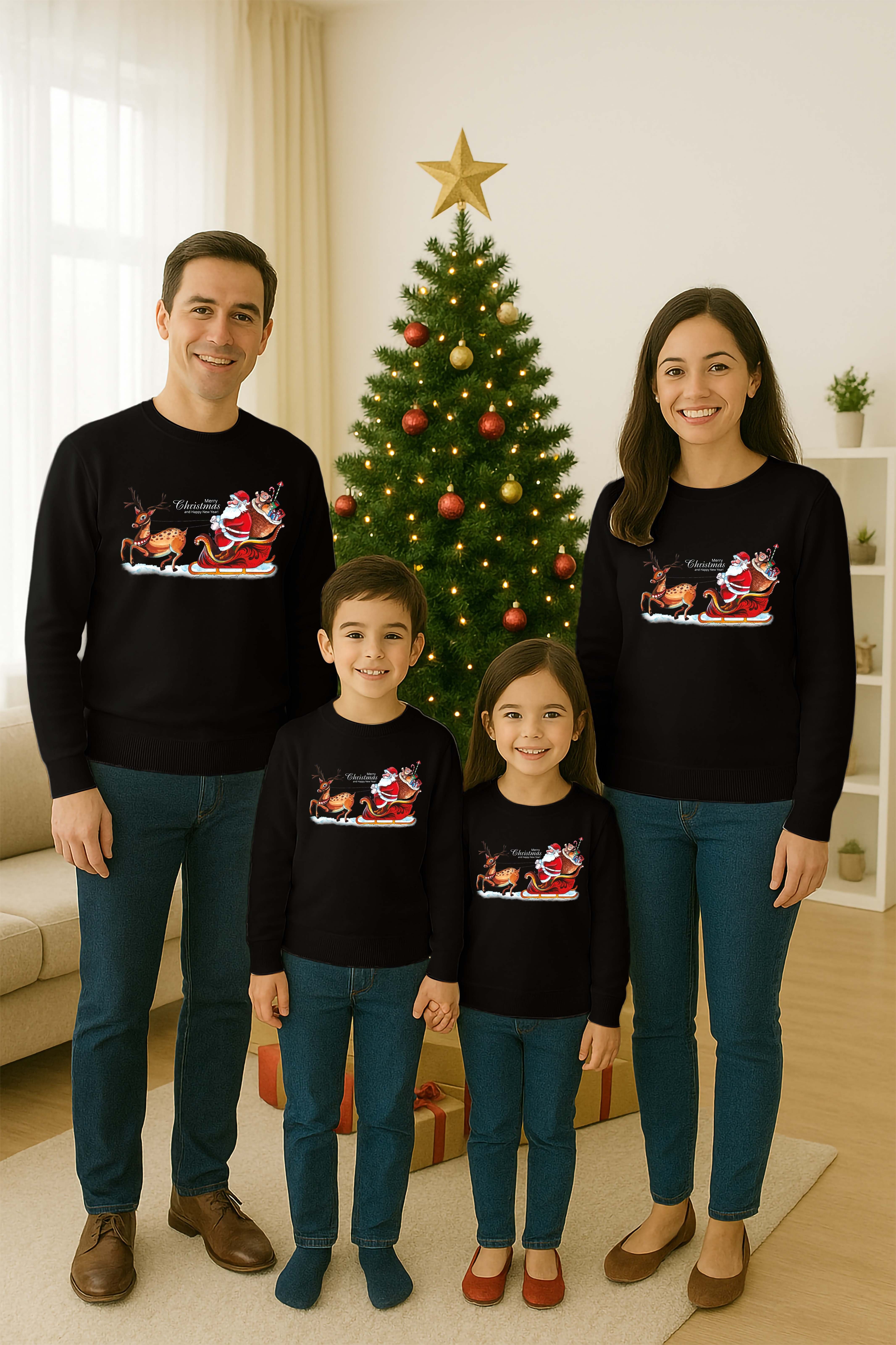 Unisex Happy New Year Yılbaşı Baskılı Yetişkin ve Çocuk Sweatshirt 3 İplik Şardonlu Kumaş